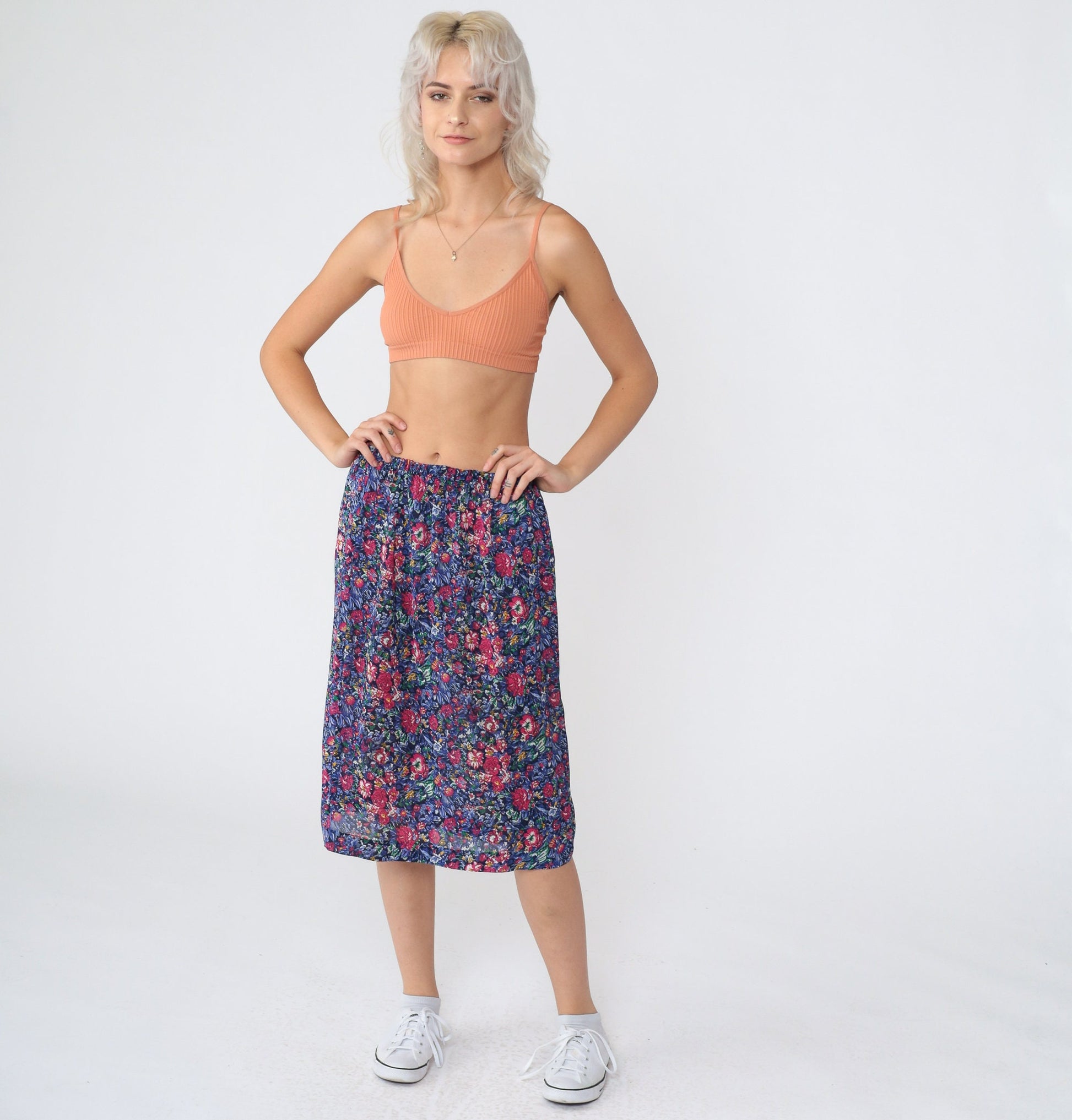 80s Floral Midi Pencil Skirt High Waisted Navy Pink Flower Print Small