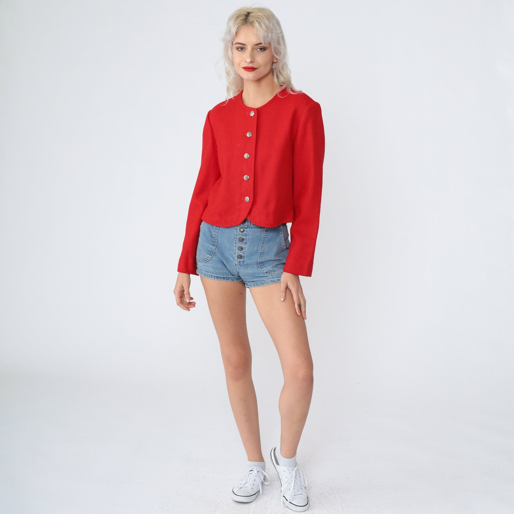 80s Pendleton Virgin Wool Blazer Red Cropped Button-Up Medium