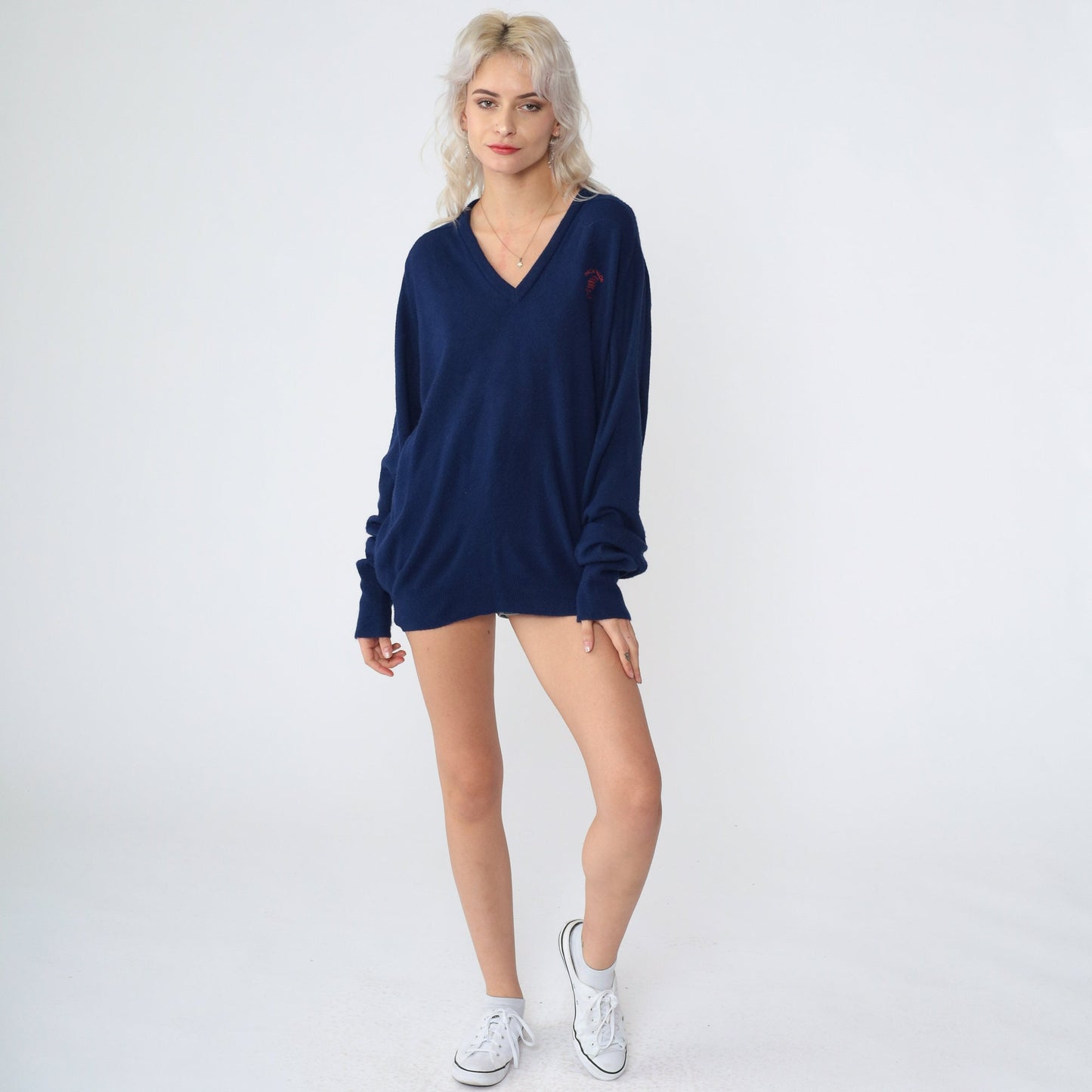 80s Izod Decathlon Club Navy V-Neck Sweater Knit Jumper Large L