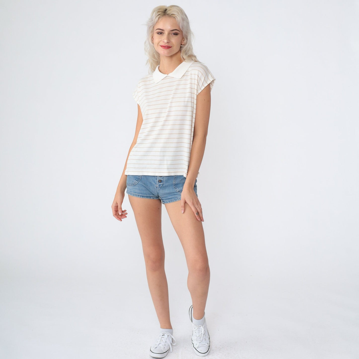 90s Striped Collared Blouse White Tan Cap Sleeve Preppy Top Medium
