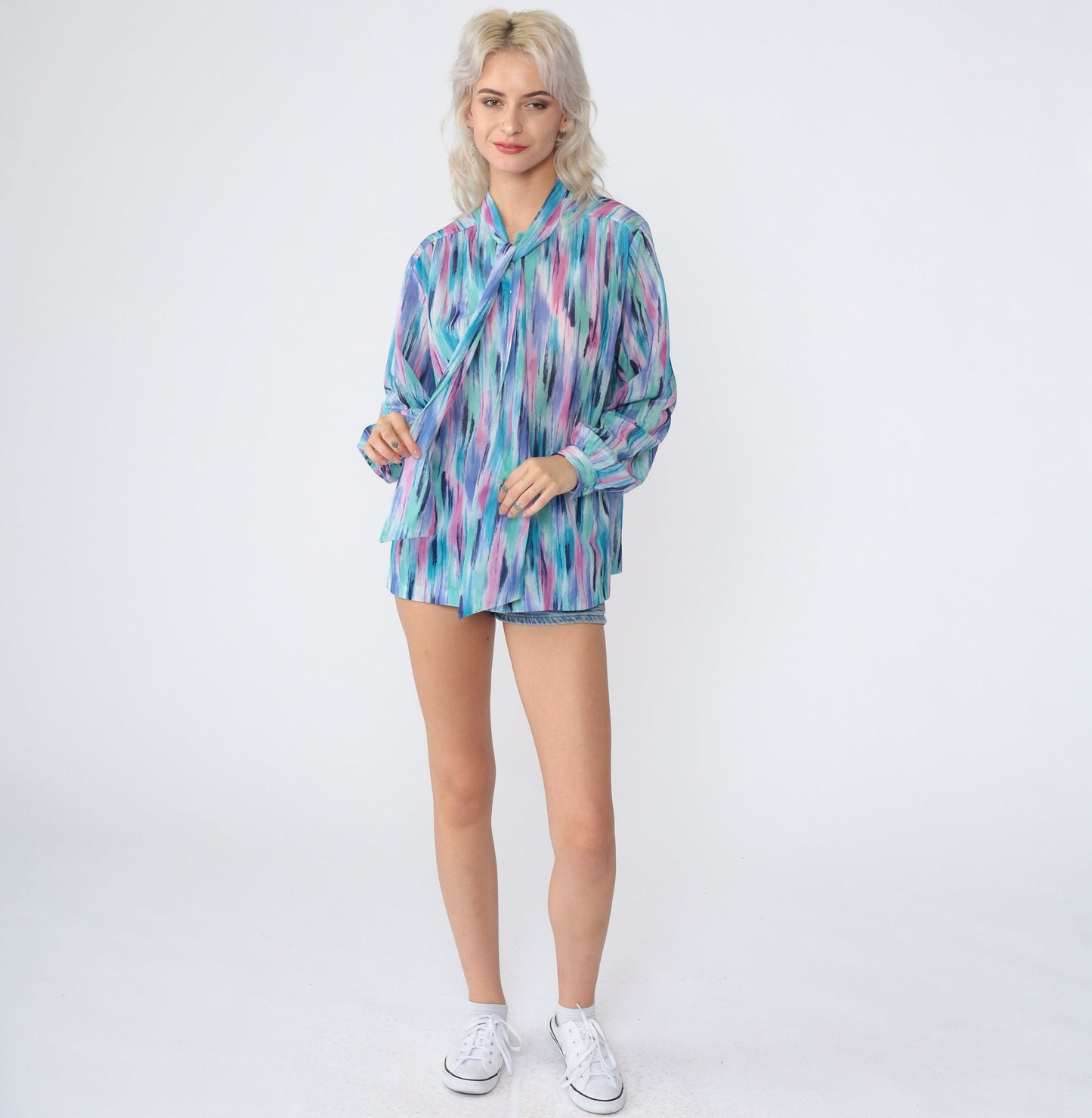 70s Ascot Blouse Brushstroke Print Neck Tie Long Sleeve Blue Purple Pink Large
