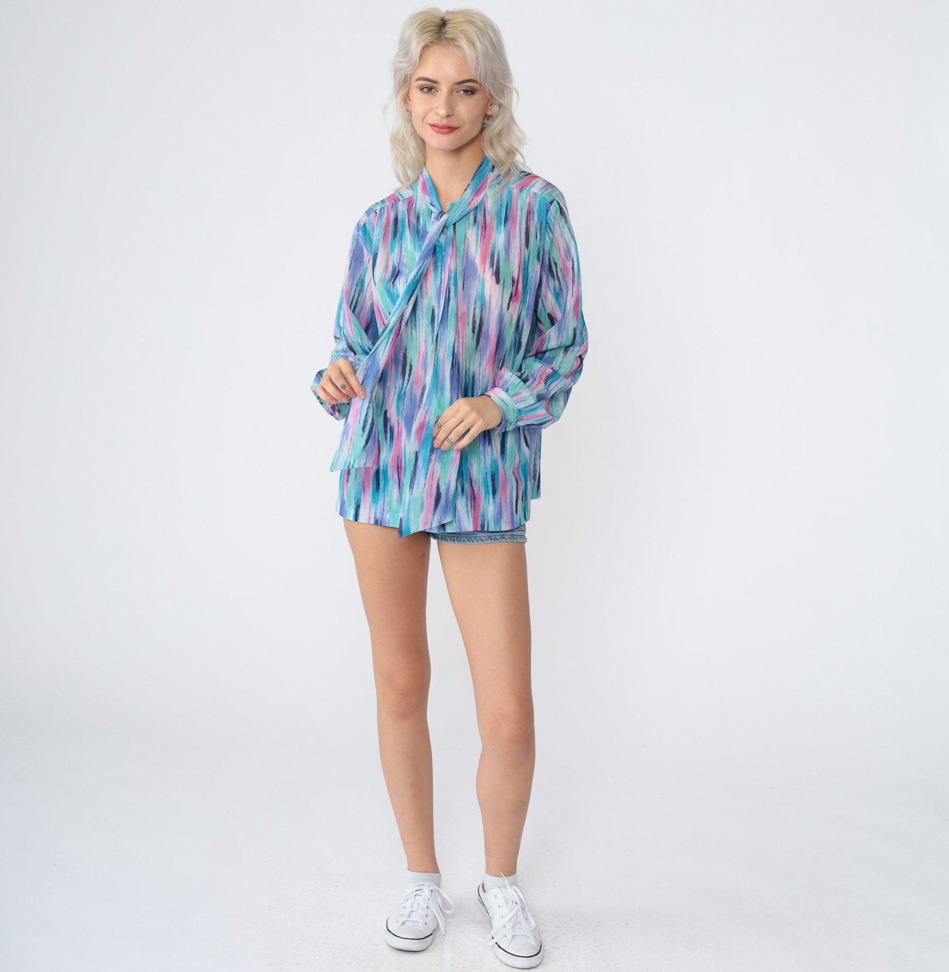 70s Ascot Blouse Brushstroke Print Neck Tie Long Sleeve Blue Purple Pink Large