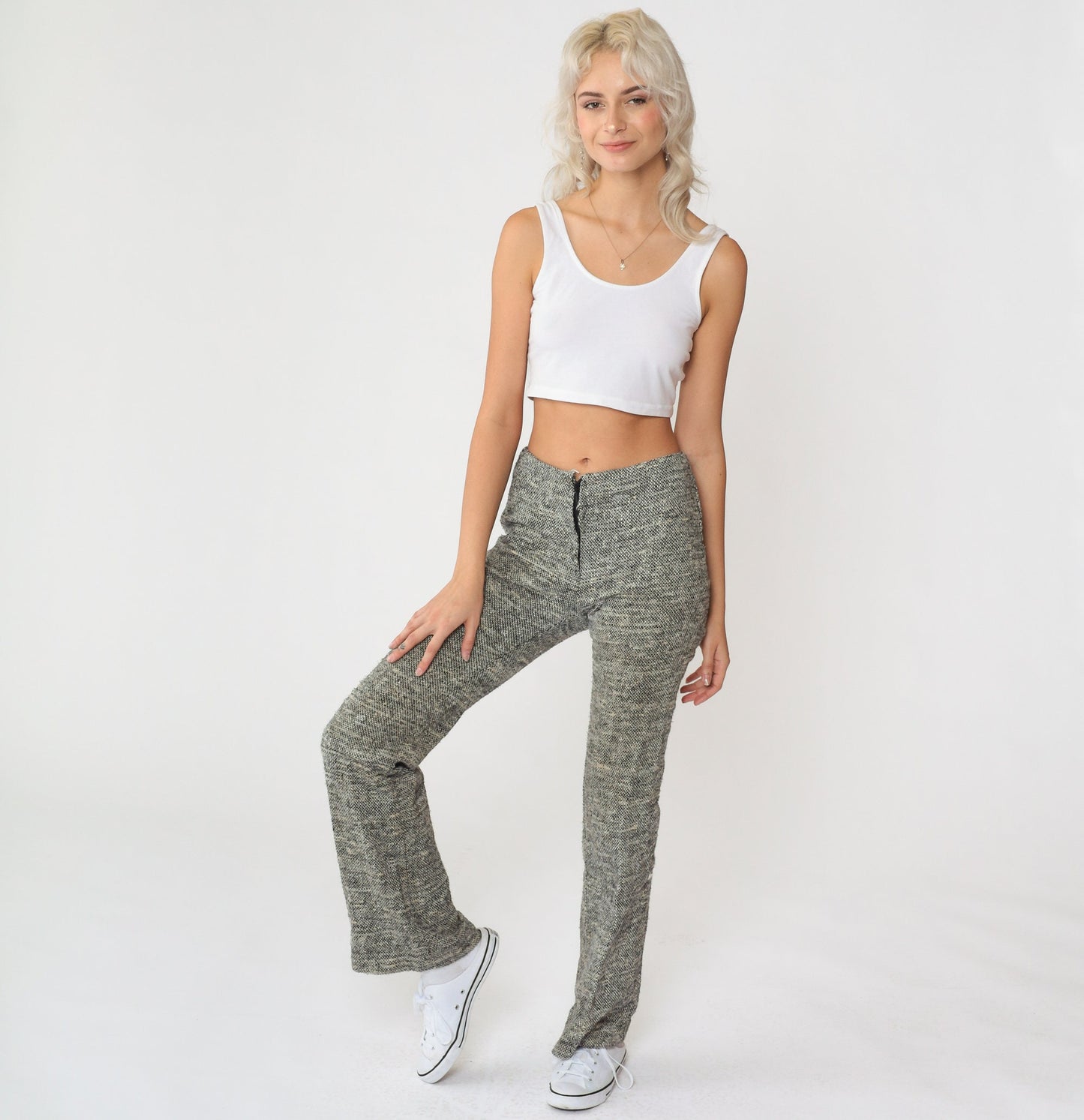 70s Wool Flared Trousers Black White Flecked Mid Rise Extra Small