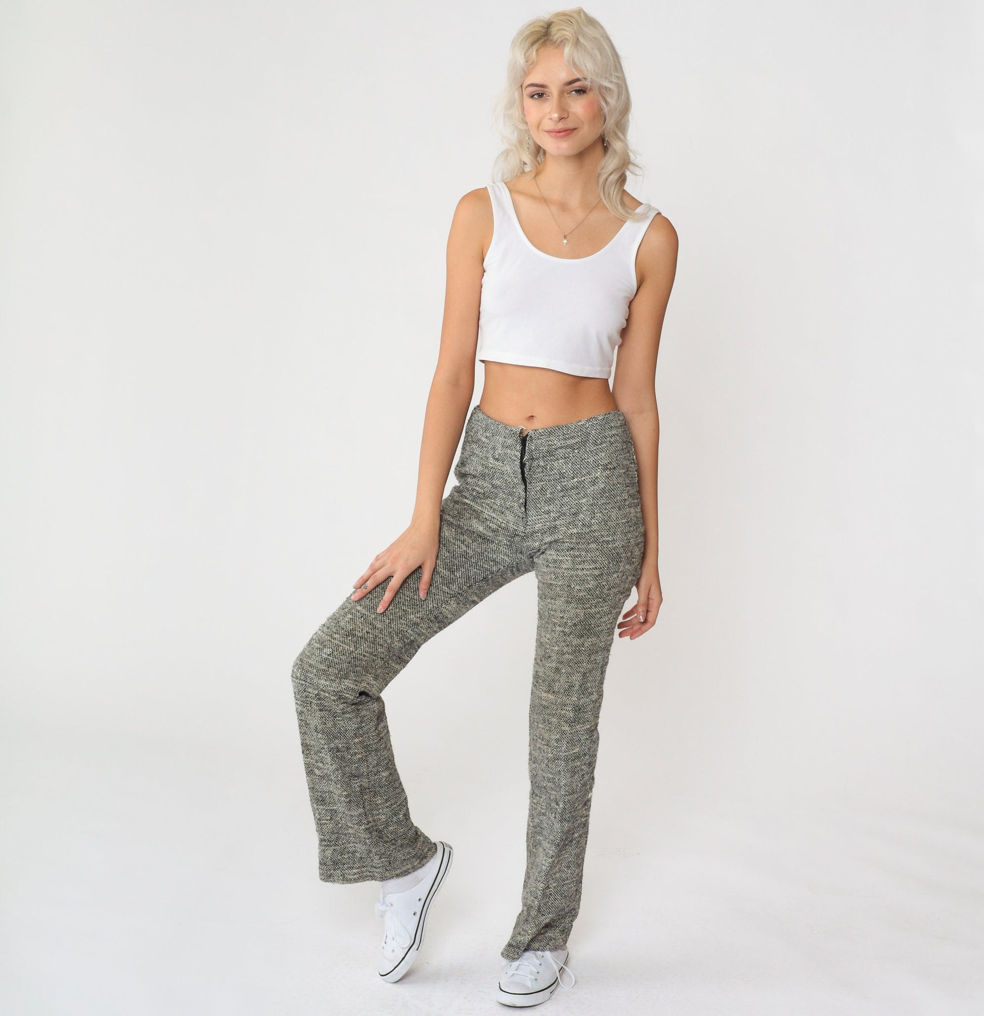 70s Wool Flared Trousers Black White Flecked Mid Rise Extra Small
