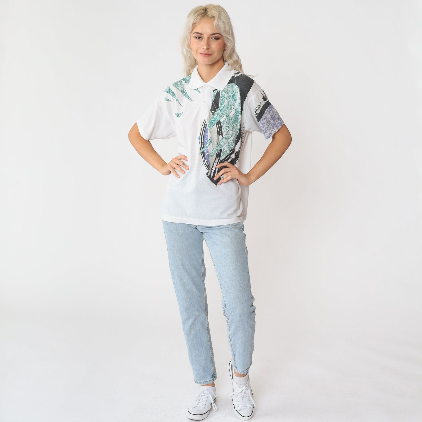 90s Reebok Polo Shirt Abstract Geometric Print White Collared Medium