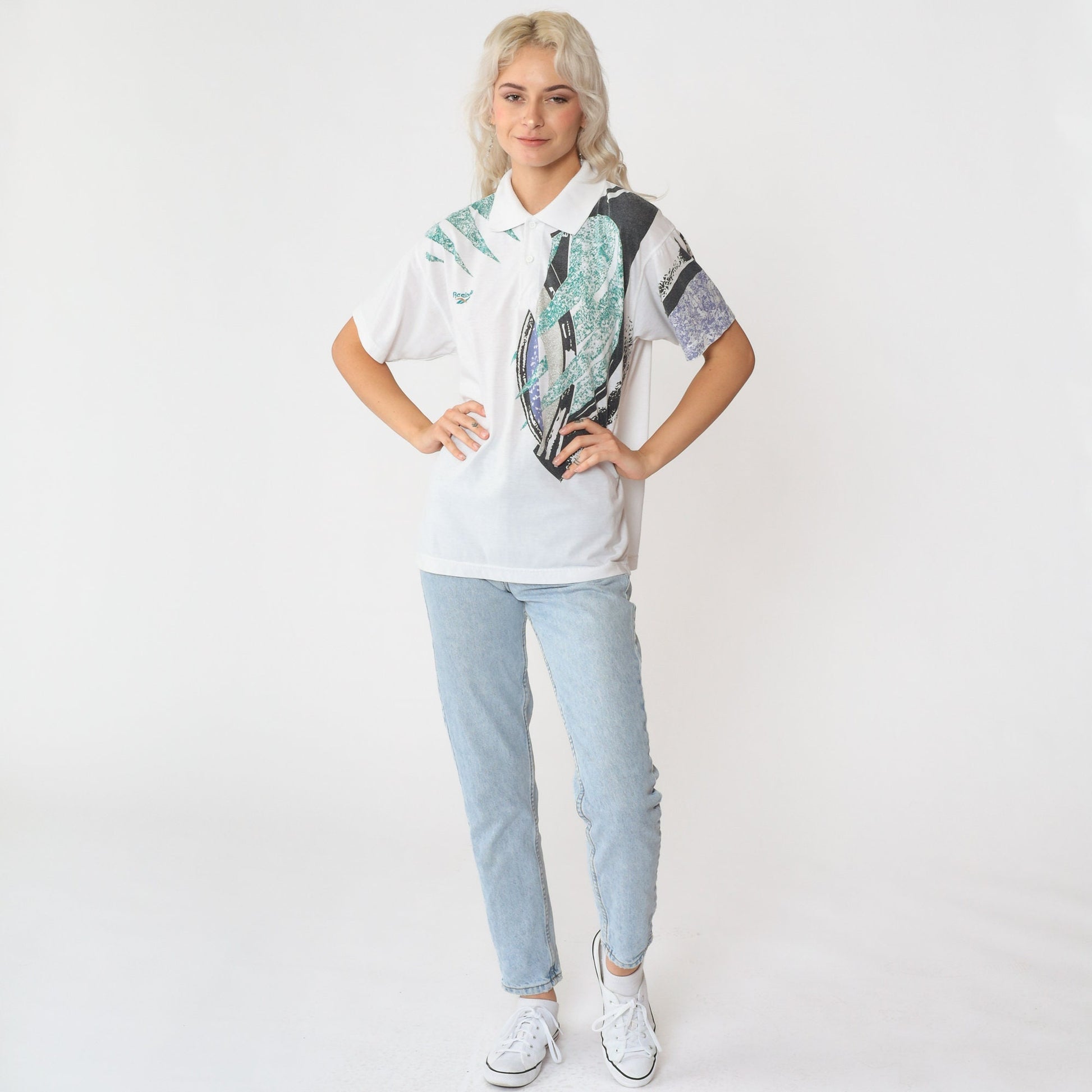 90s Reebok Polo Shirt Abstract Geometric Print White Collared Medium