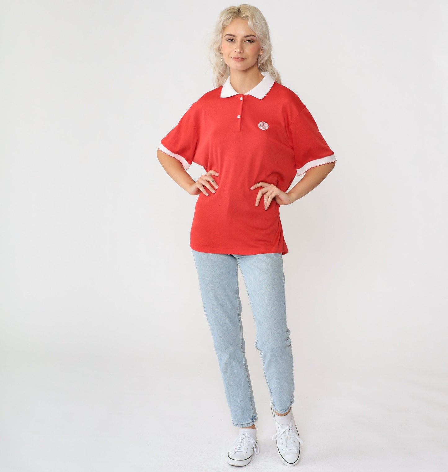 80s Red Polo Shirt GW Embroidered Crest Half Button Ringer Extra Large XL
