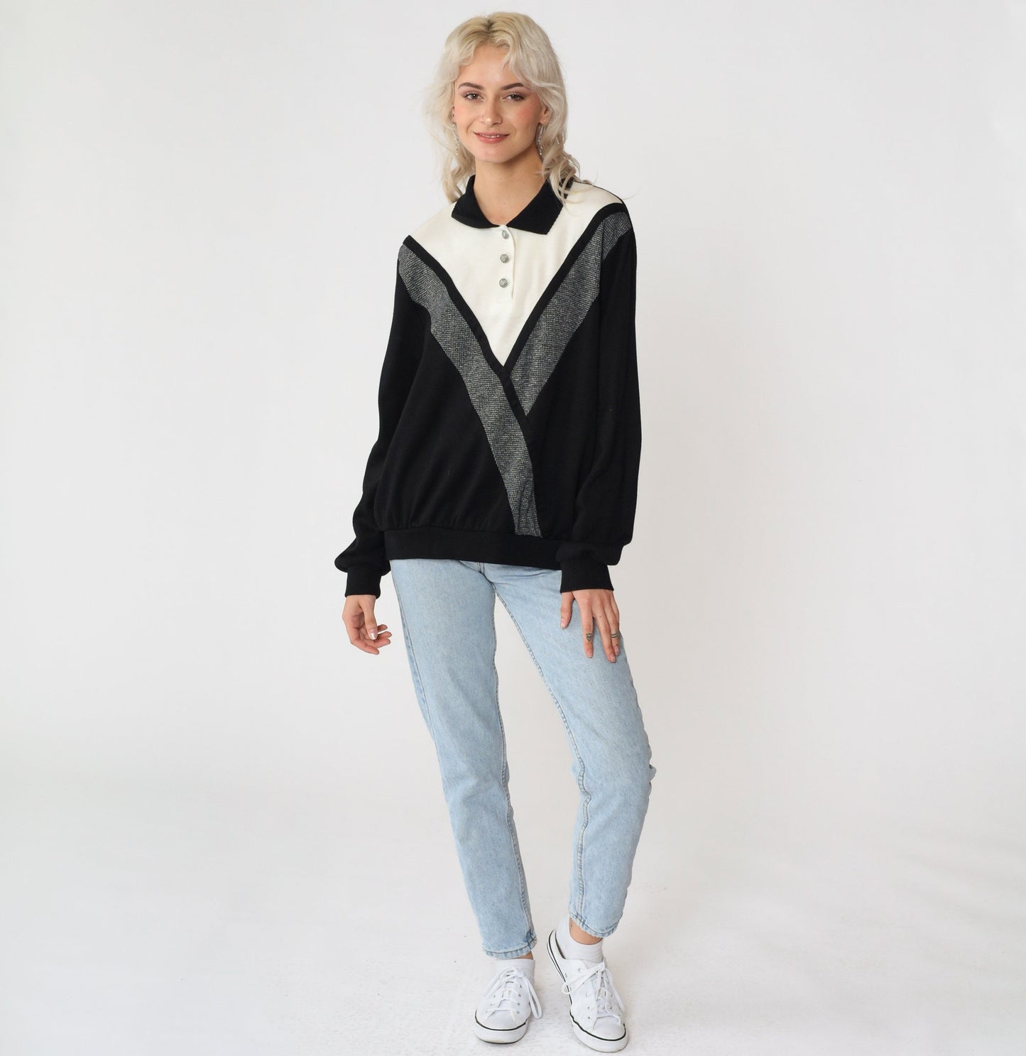 90s Alfred Dunner Colour Block Chevron Sweatshirt Black White Large L