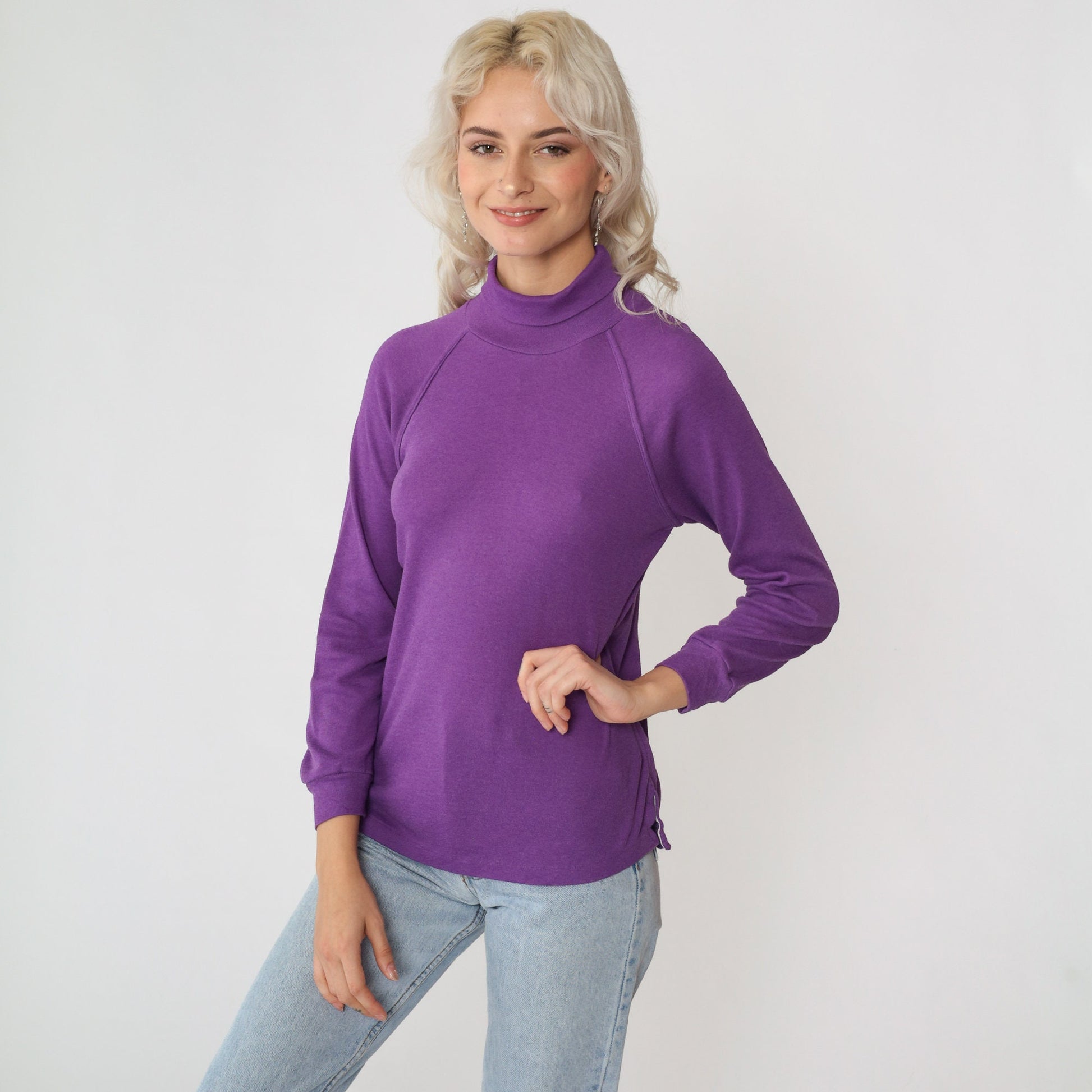 80s Purple Turtleneck Raglan Sleeve Long Shirt Extra Small XS