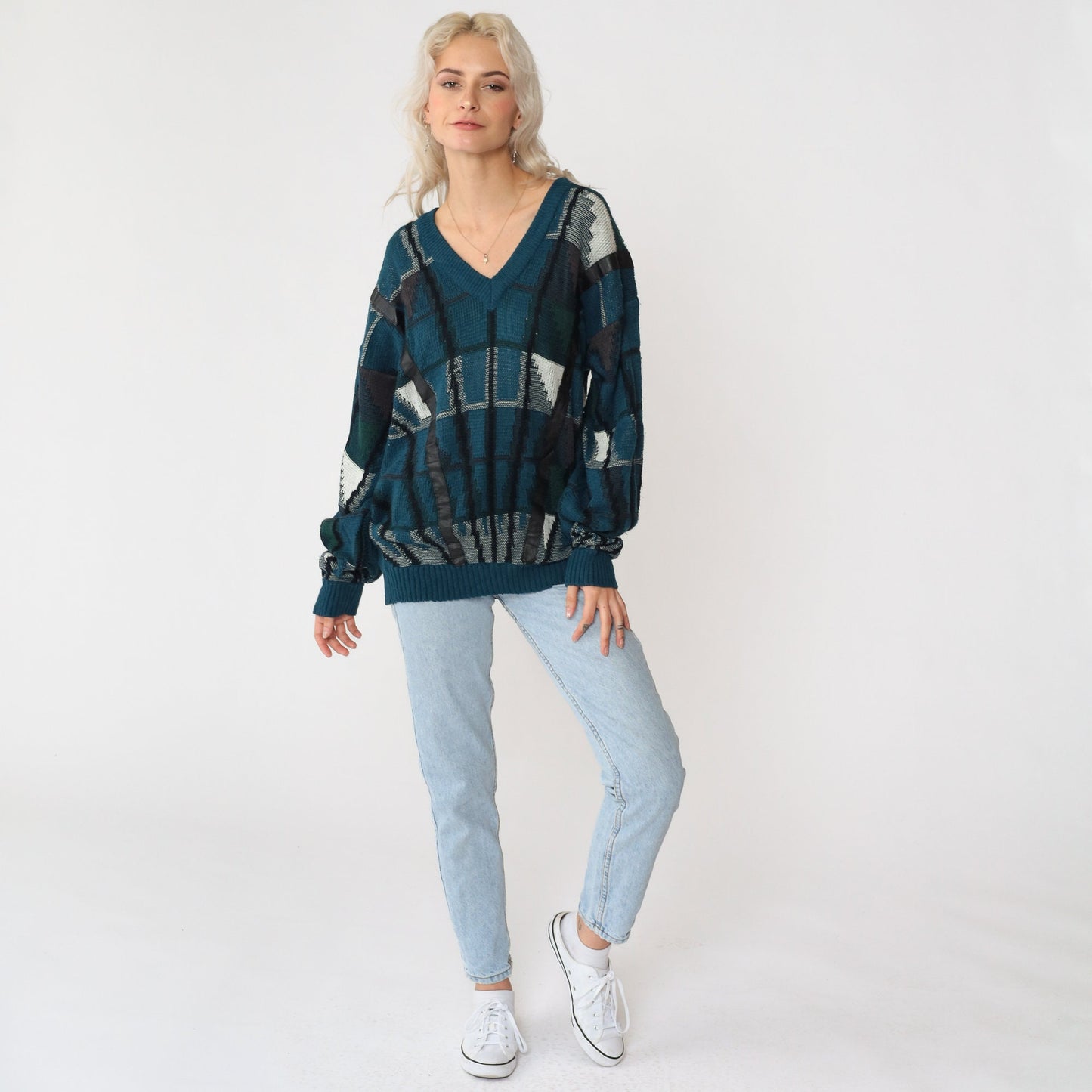 90s Urban Works Geometric Leather Trim Sweater Teal Blue Black V-Neck Large L