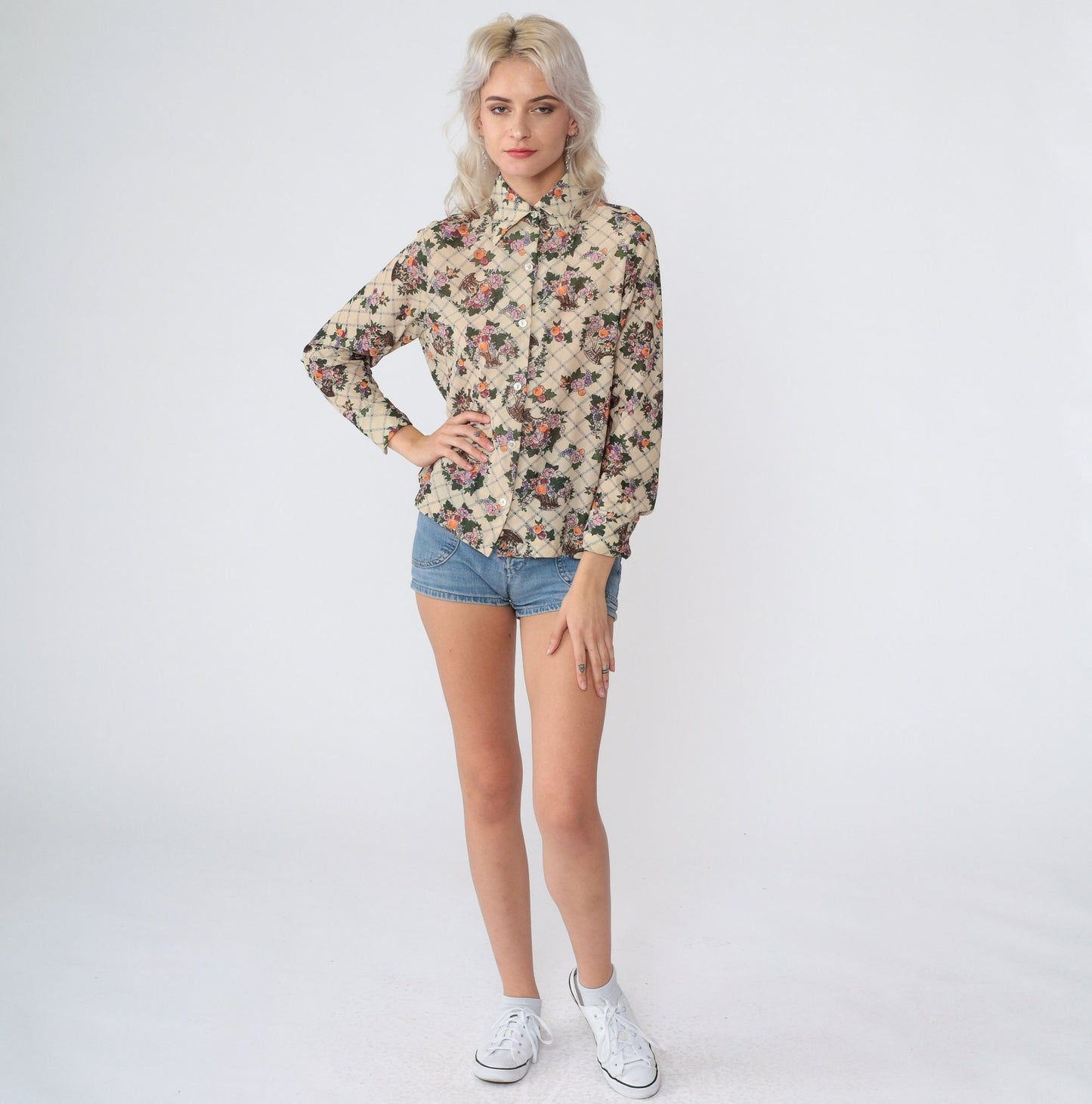 70s Holiday of California Checkered Floral Button-Up Blouse Cream Small