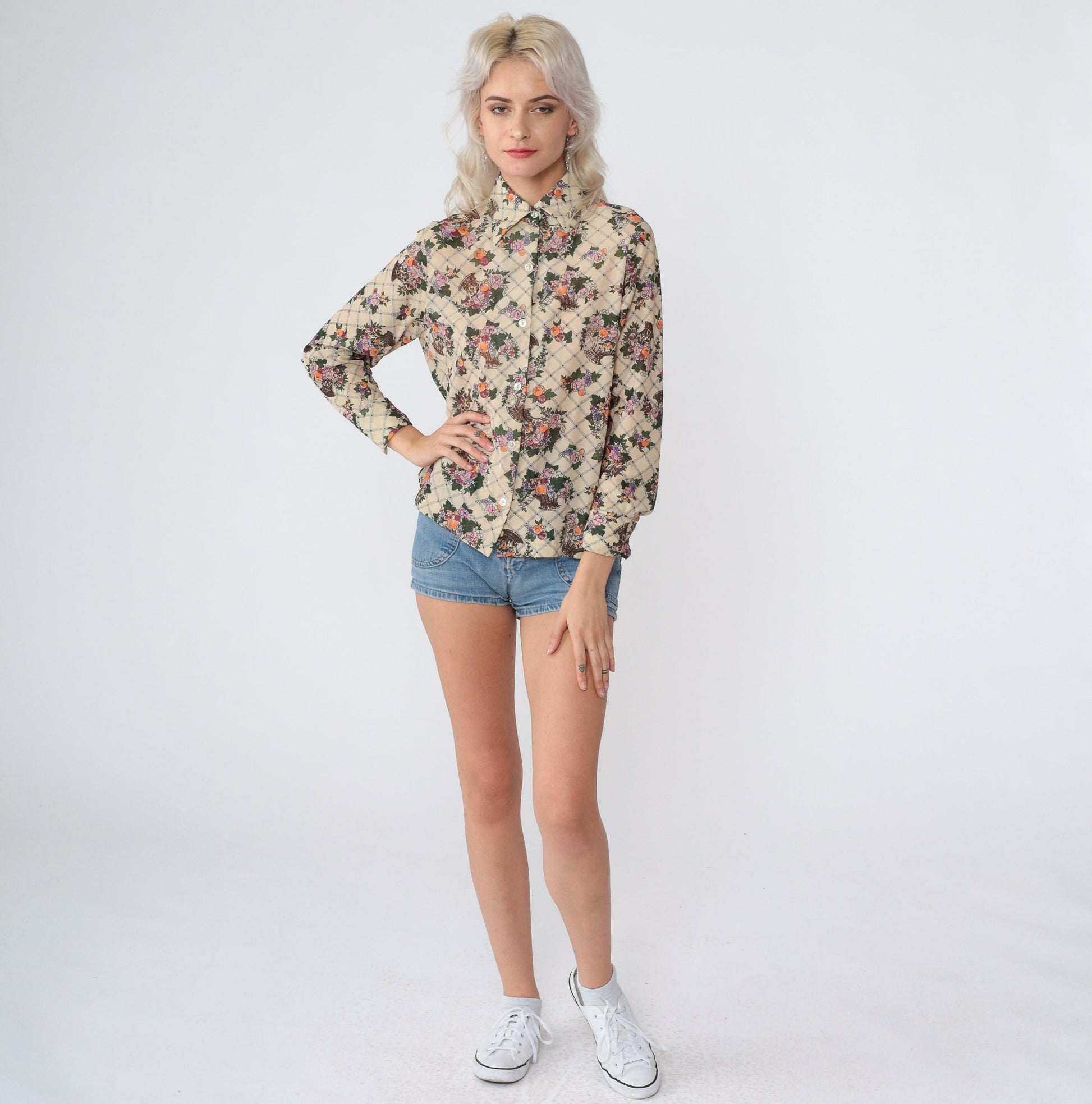 70s Holiday of California Checkered Floral Button-Up Blouse Cream Small