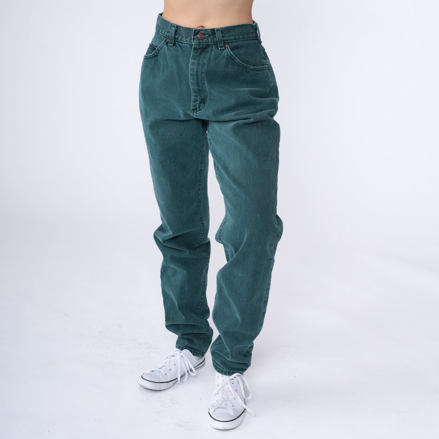 90s Lee Dark Green Tapered High-Waist Jeans Cotton Denim Small