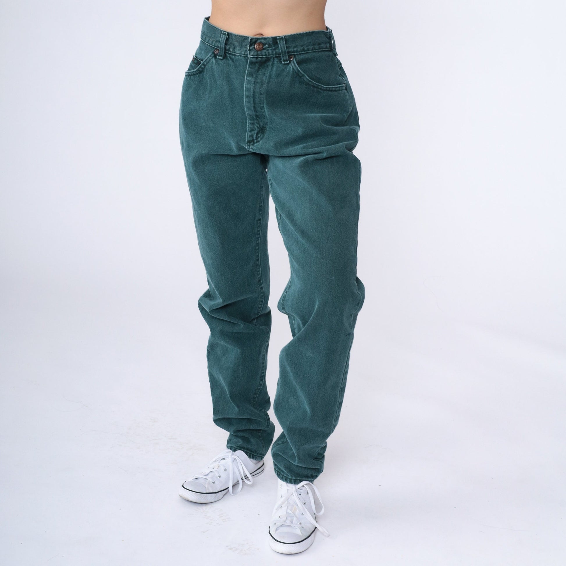 90s Lee Dark Green Tapered High-Waist Jeans Cotton Denim Small