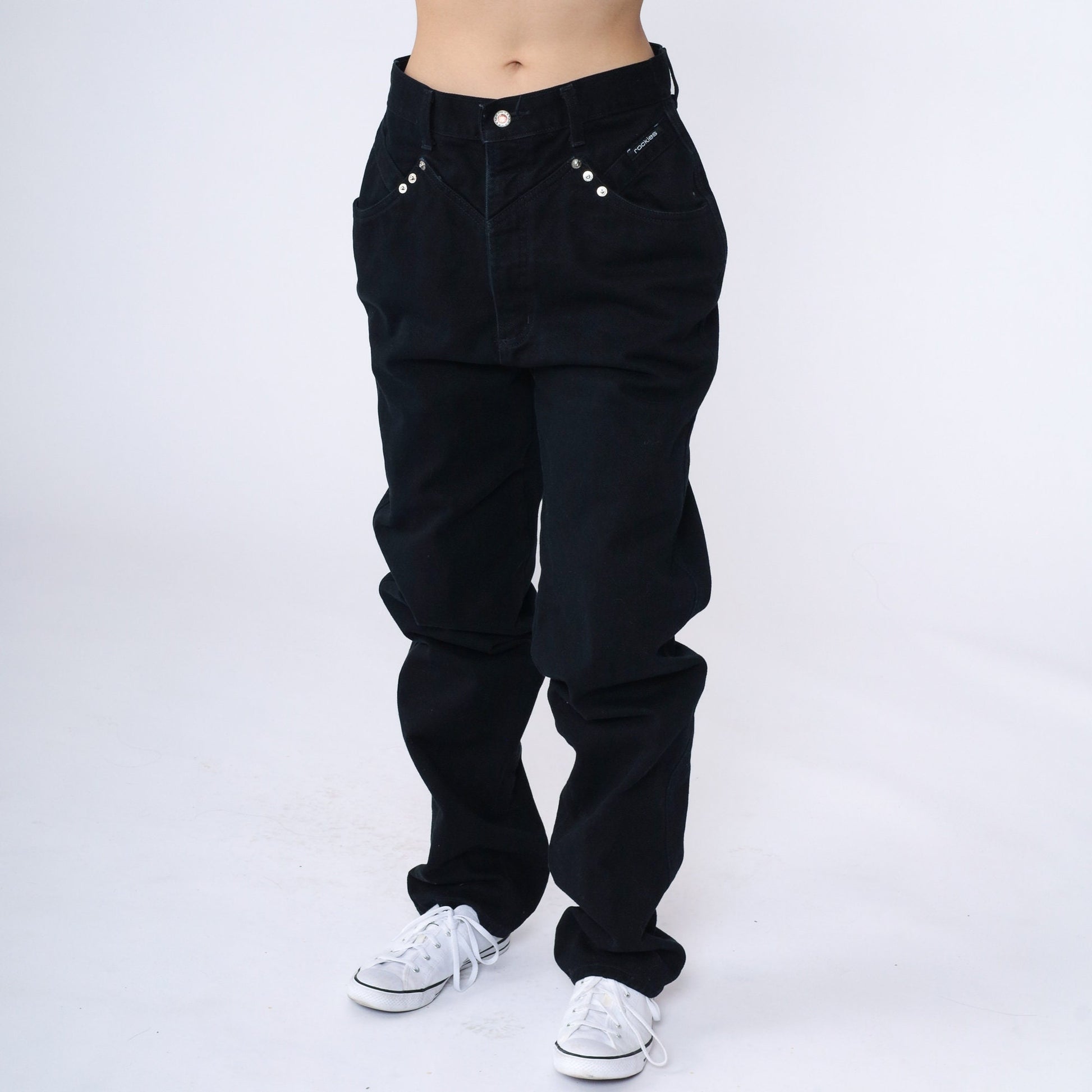 90s Rockies Black Denim High Waisted Tapered Jeans Yoke 29 Long