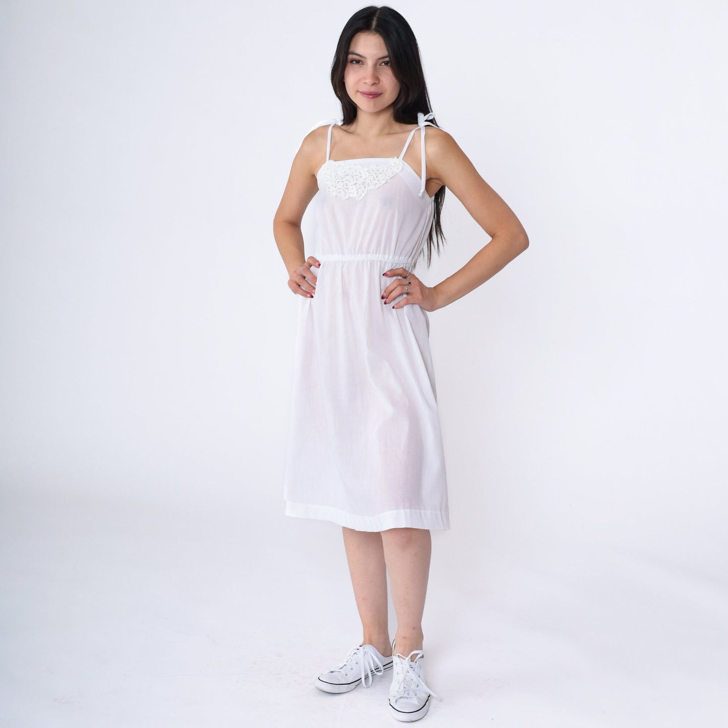 70s White Lace Spaghetti Strap Sun Dress High Waist Mini Extra Small