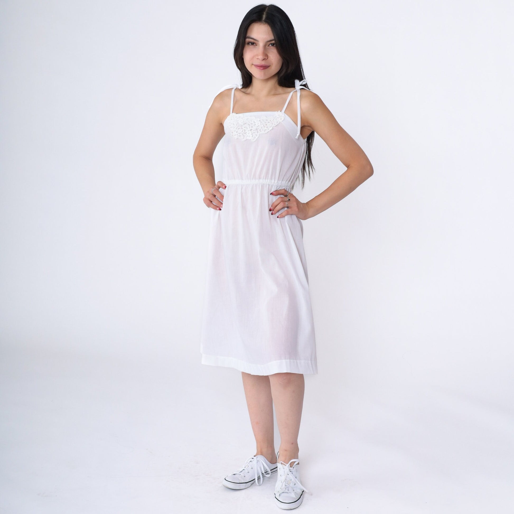 70s White Lace Spaghetti Strap Sun Dress High Waist Mini Extra Small