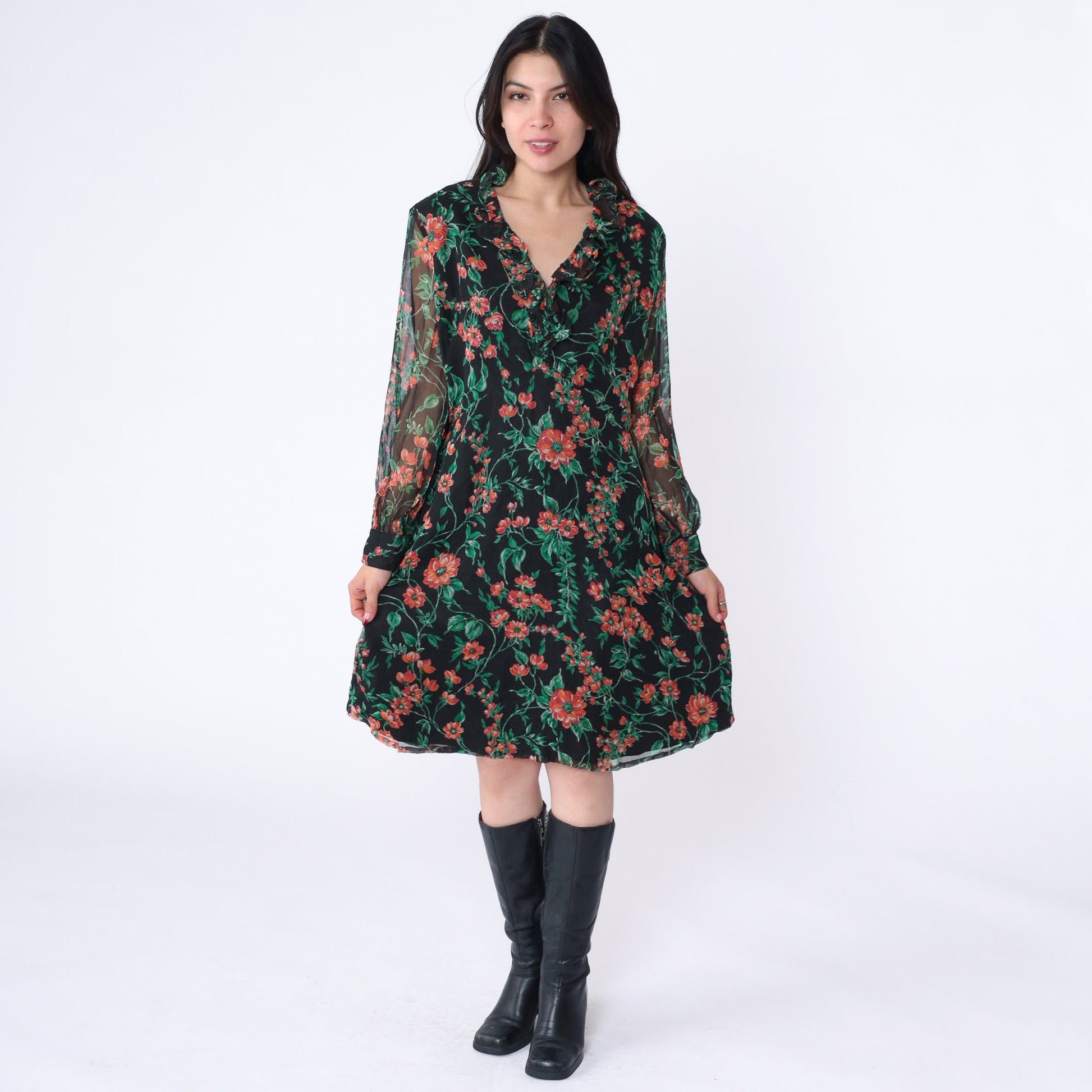 70s Floral Babydoll Mini Dress Empire Waist V-Neck Long Sleeve Black Large