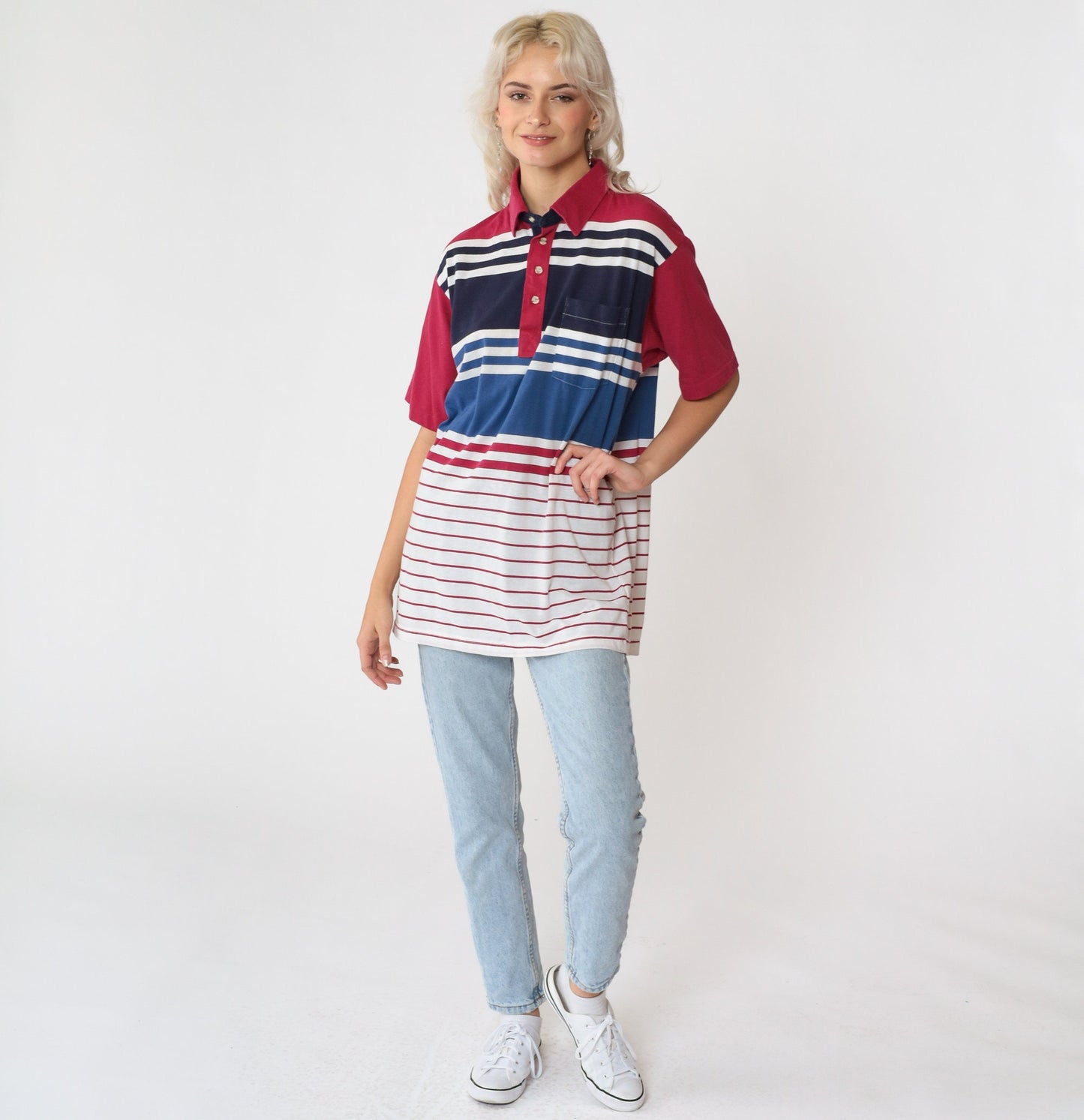 90s Striped Polo Shirt Raspberry Red Navy White Collared Cotton Large