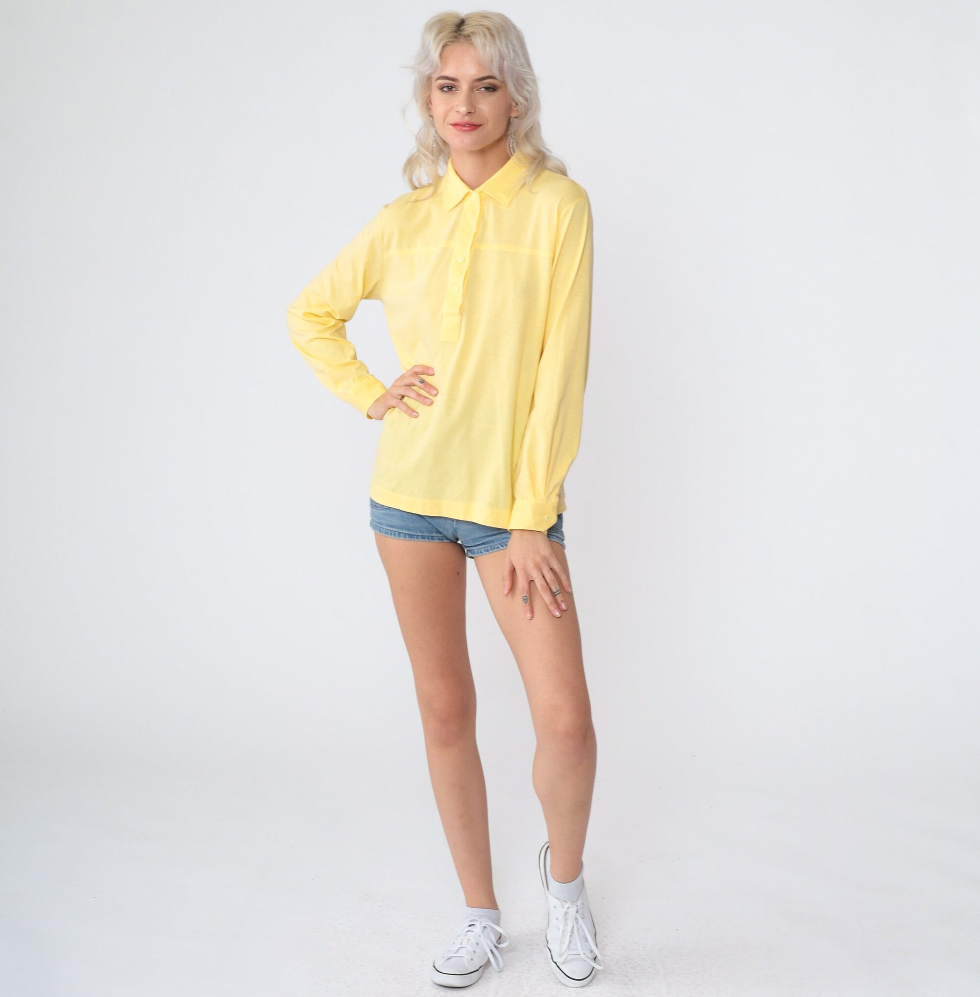 80s Yellow Cotton Blend Button-Up Blouse Collared Long Sleeve Medium