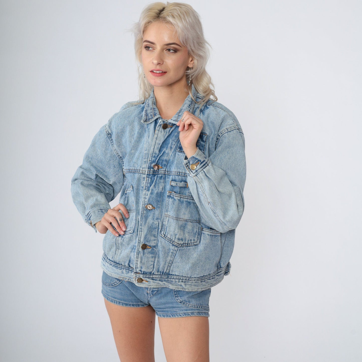 90s Denim Cargo Jacket Blue Jean Helicopter Embroidered Utility Pockets Small