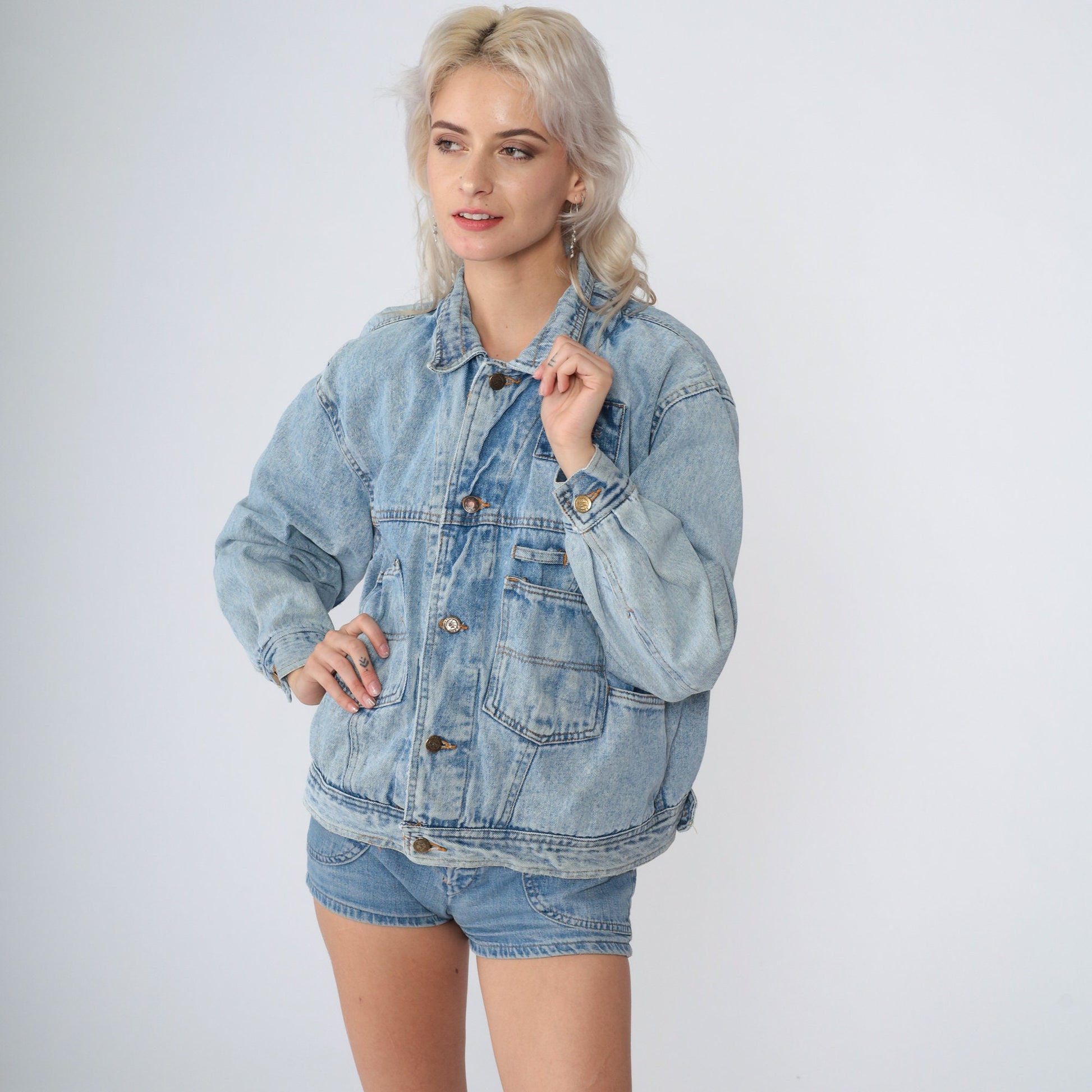 90s Denim Cargo Jacket Blue Jean Helicopter Embroidered Utility Pockets Small