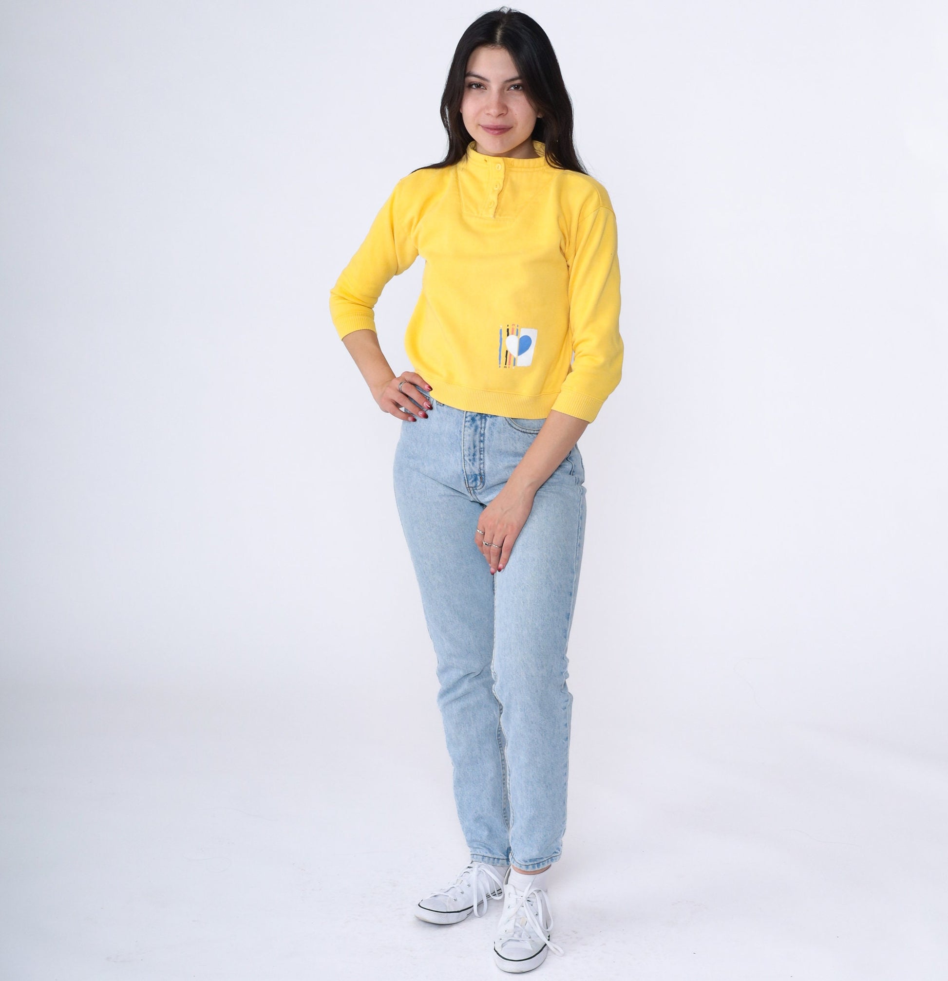 90s Yellow Heart Print Funnel Neck Sweatshirt Cropped Extra Small