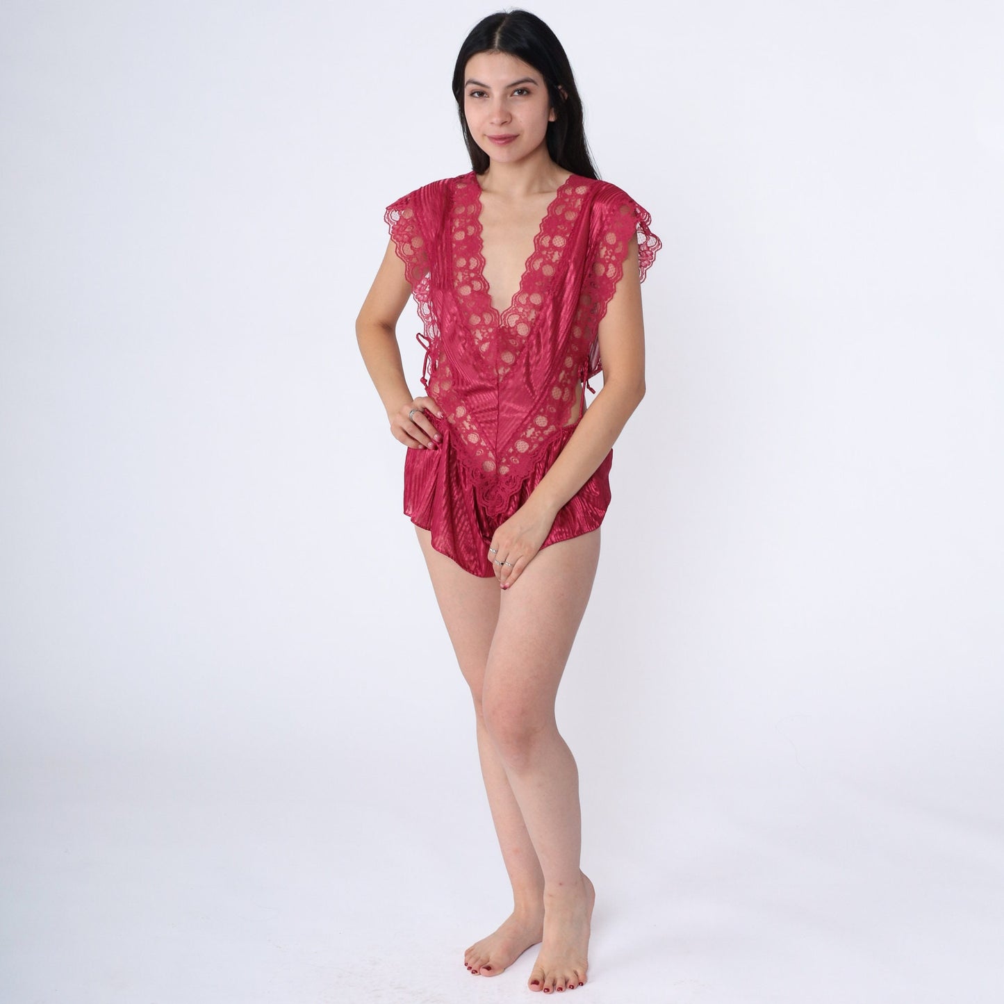 80s Raspberry Red Lace Teddy Lingerie Deep V Neck Bodysuit Extra Large XL