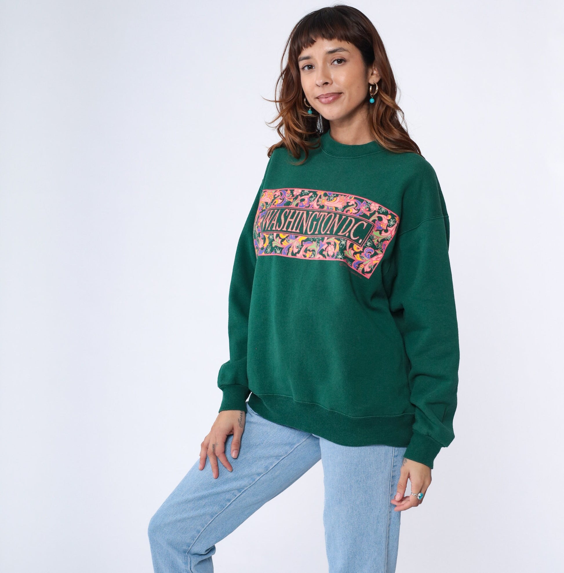 90s Washington DC Sparkly Sweatshirt Dark Green Glitter Spellout Crewneck Large