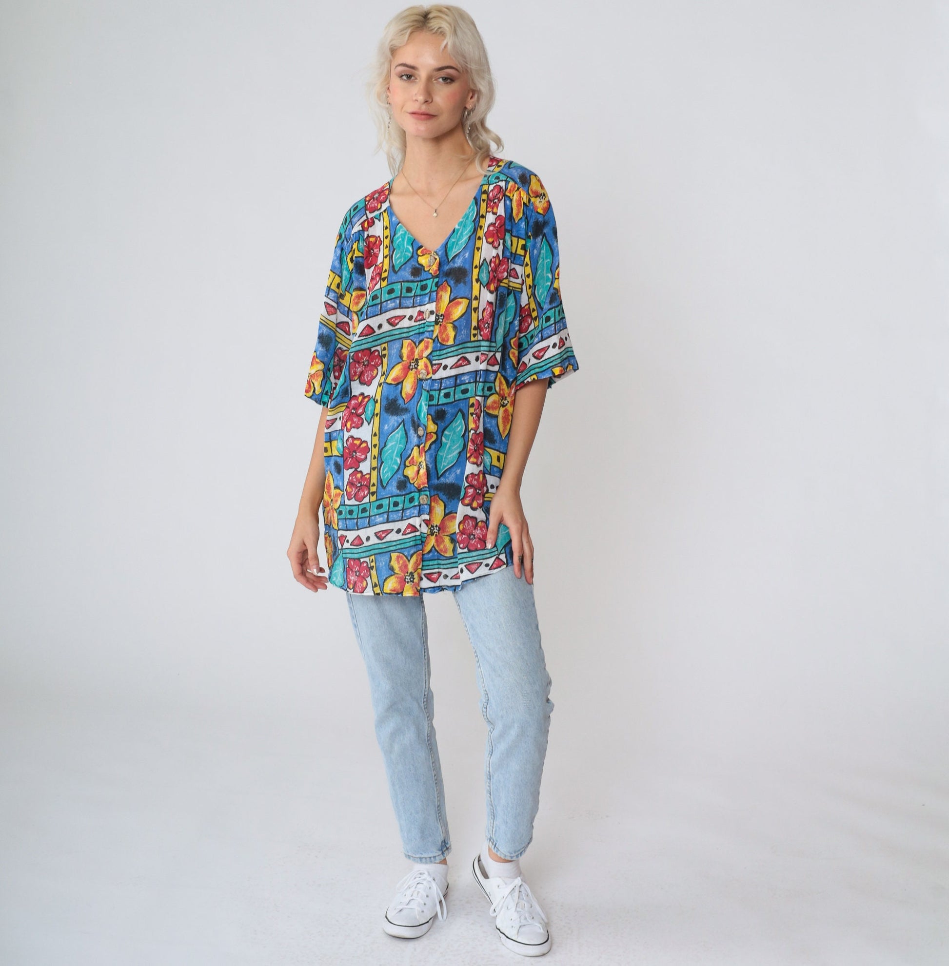 90s Copy Cats Floral Abstract Geometric Print Button Up Blouse Large L