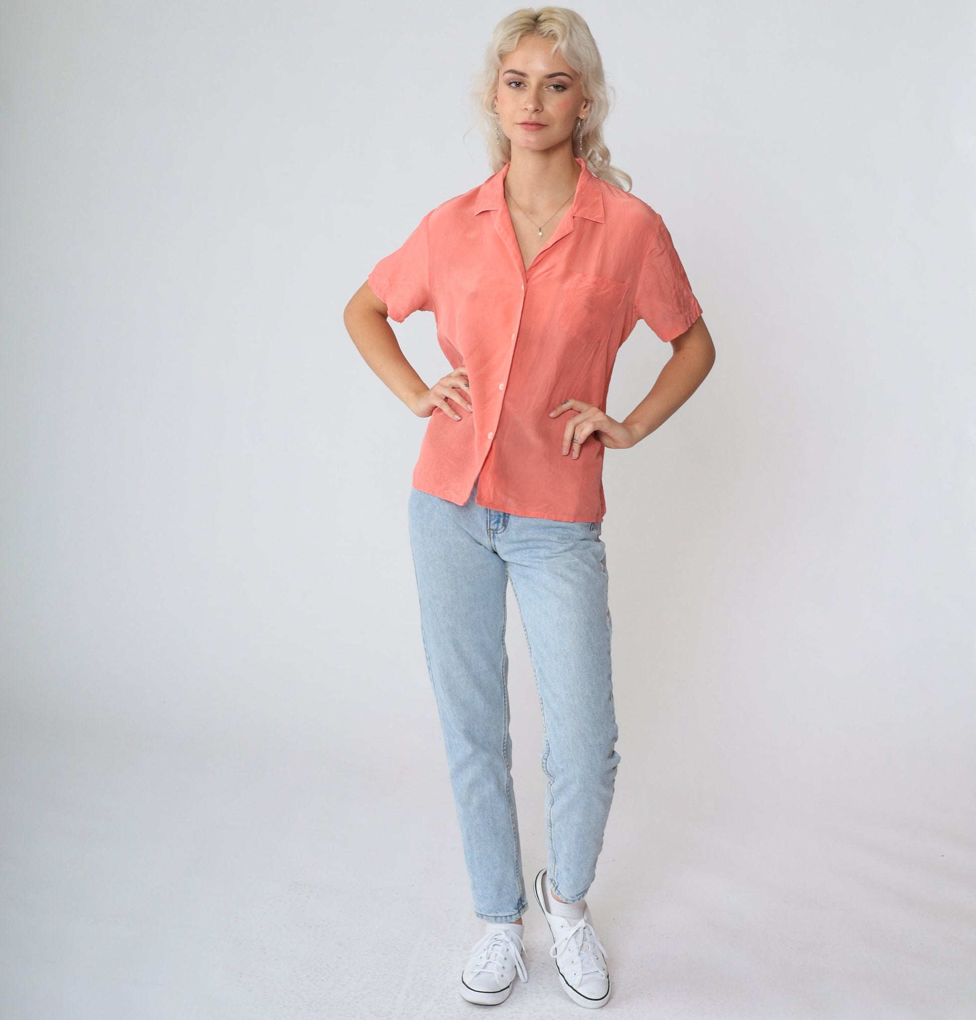 80s Nordstrom Silk Button-Up Blouse Peach Short Sleeve Chest Pocket Large L
