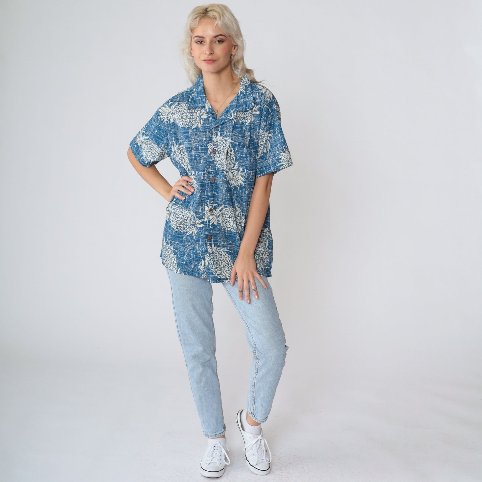 Y2K Pineapple Print Hawaiian Shirt Blue Button Up Men's Medium