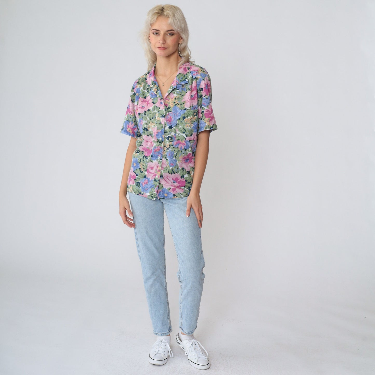 90s Floral Button-Up Blouse Short Sleeve Collared Shirt Multicolor Medium M