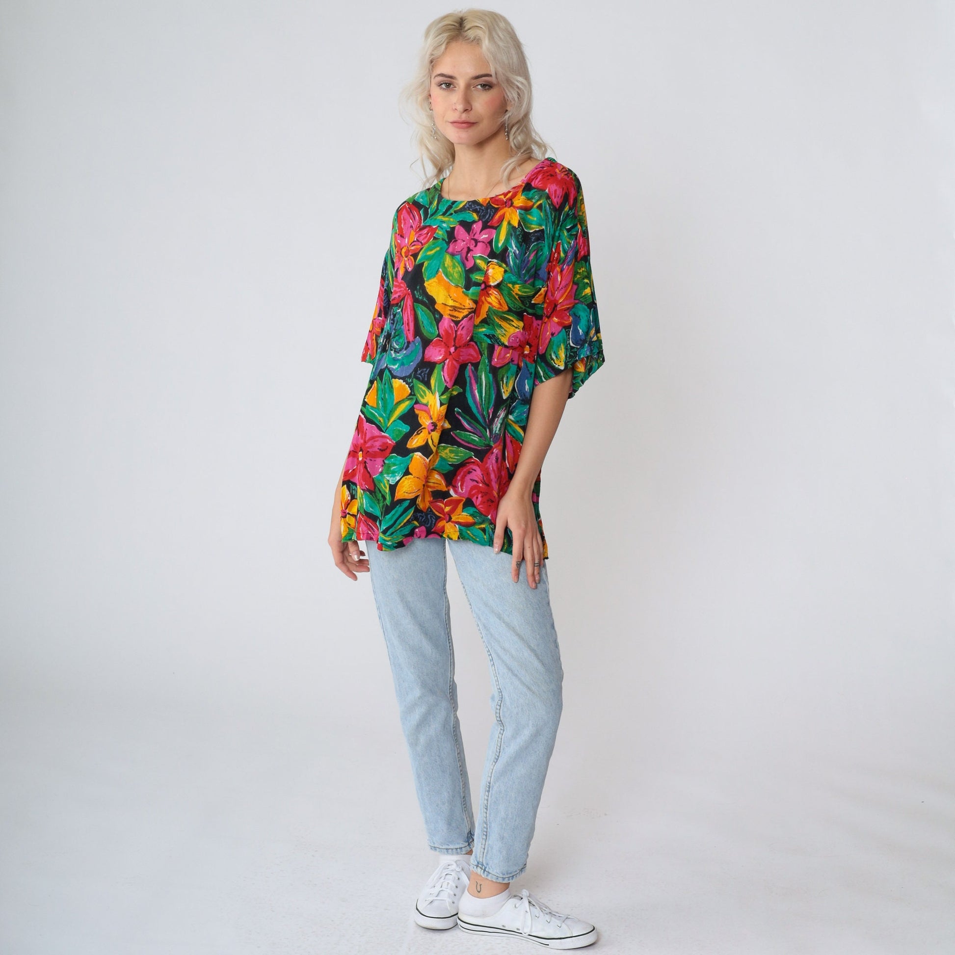 Y2K Tropical Floral Blouse Carole Little Short Sleeve Chest Pocket Medium