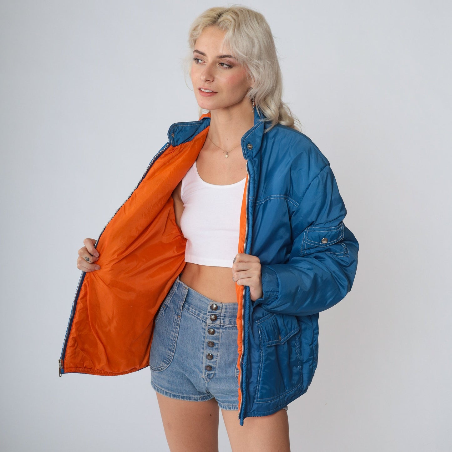 80s Blue Puffer Ski Jacket Orange Lining Hooded Zip Coat Large L