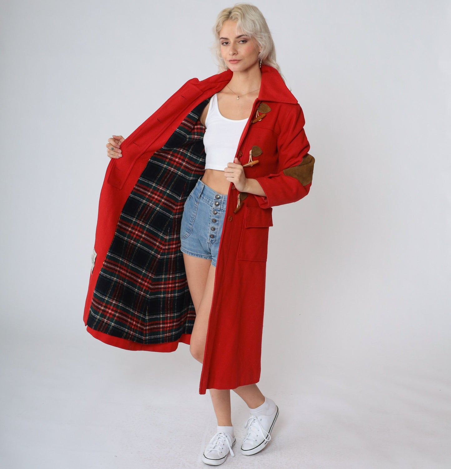 70s Red Wool Trench Coat Toggle Buttons Hood Elbow Patches Small