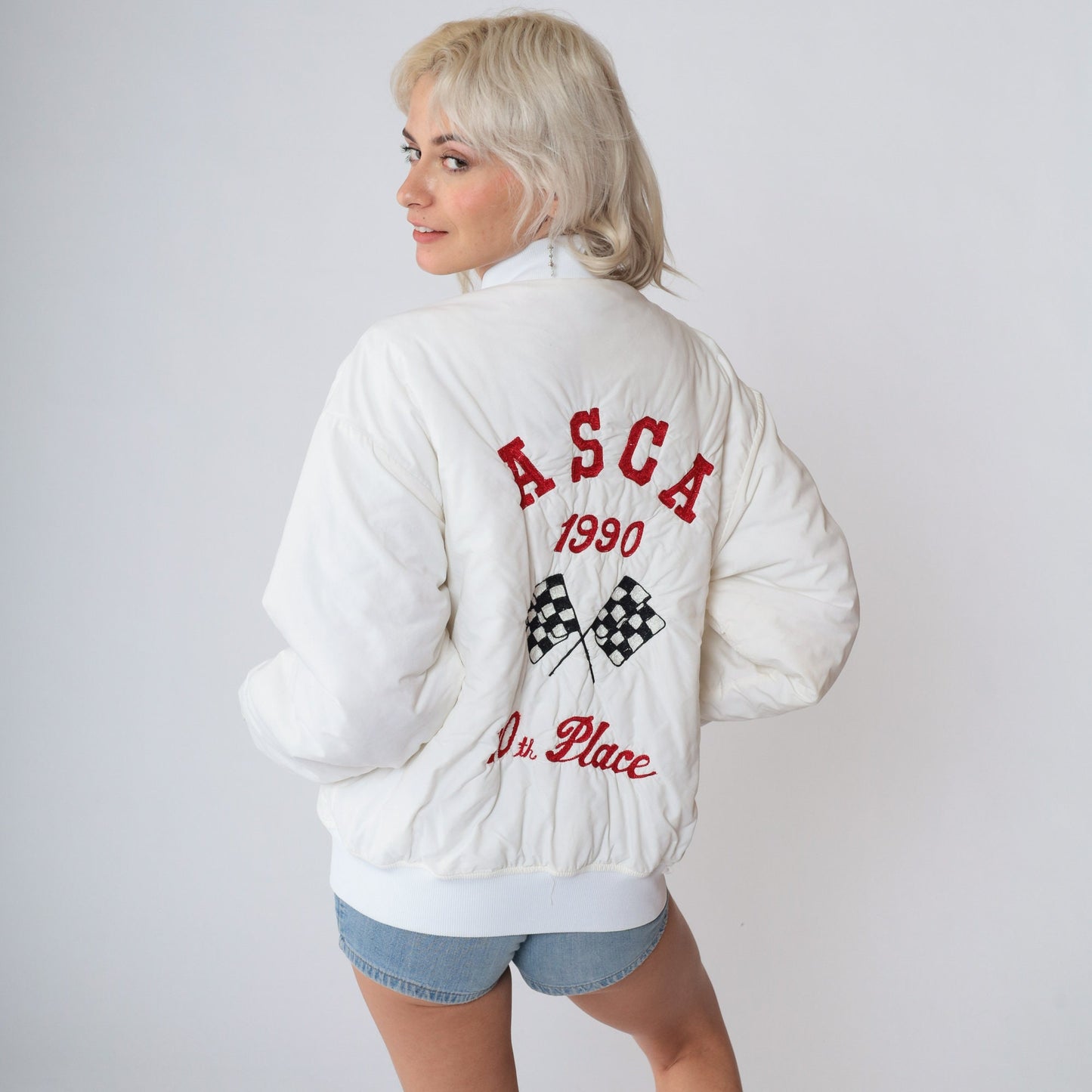 90s ASCA Stock Car Racing Bomber Jacket White Snap Windbreaker Medium