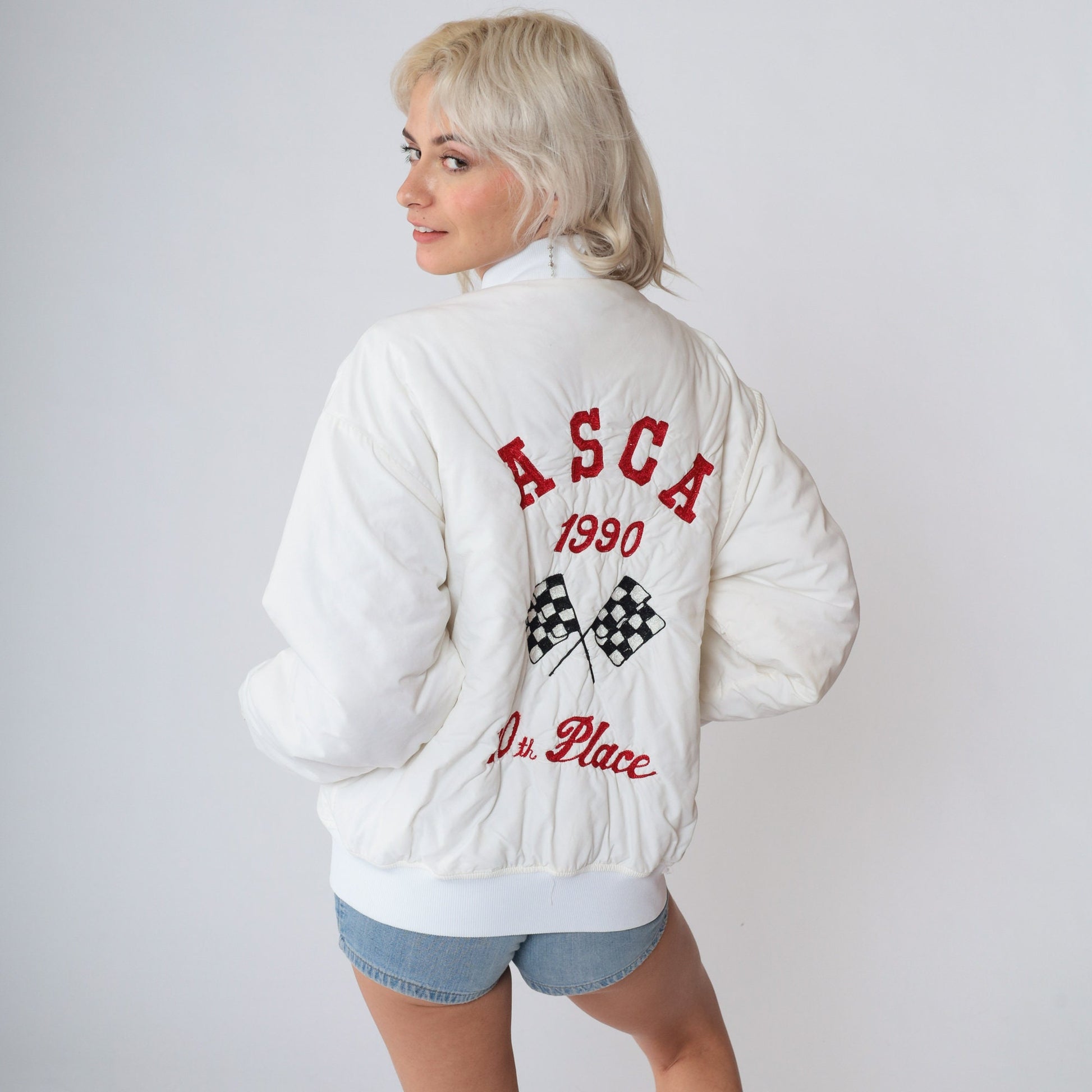 90s ASCA Stock Car Racing Bomber Jacket White Snap Windbreaker Medium