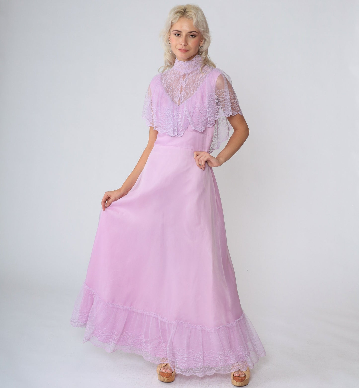 70s Purple Lace Bib Maxi Gown High Neck Tiered Skirt Small