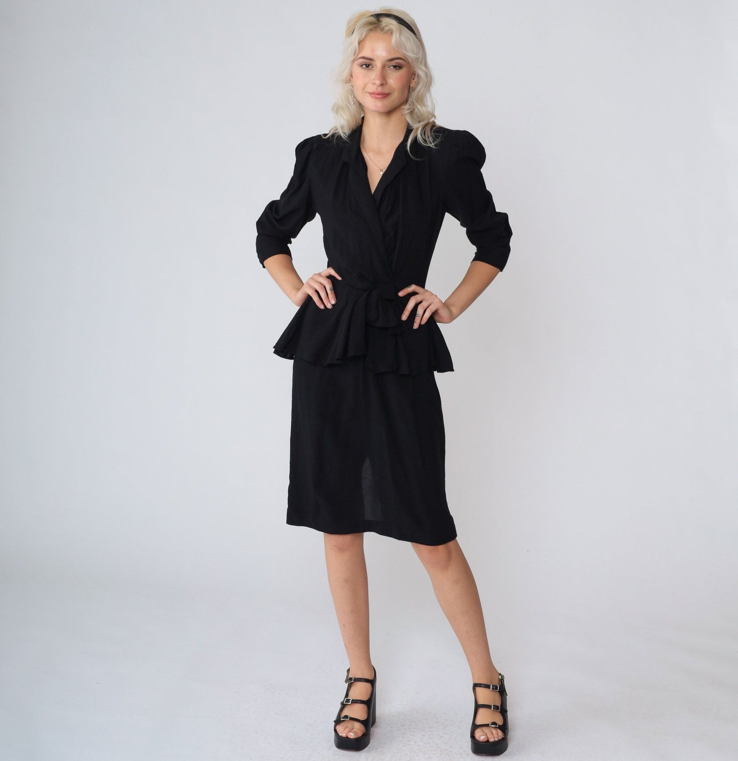 80s Jody California Black Peplum Dress V-Neck Puff Sleeve Knee Length Extra Small