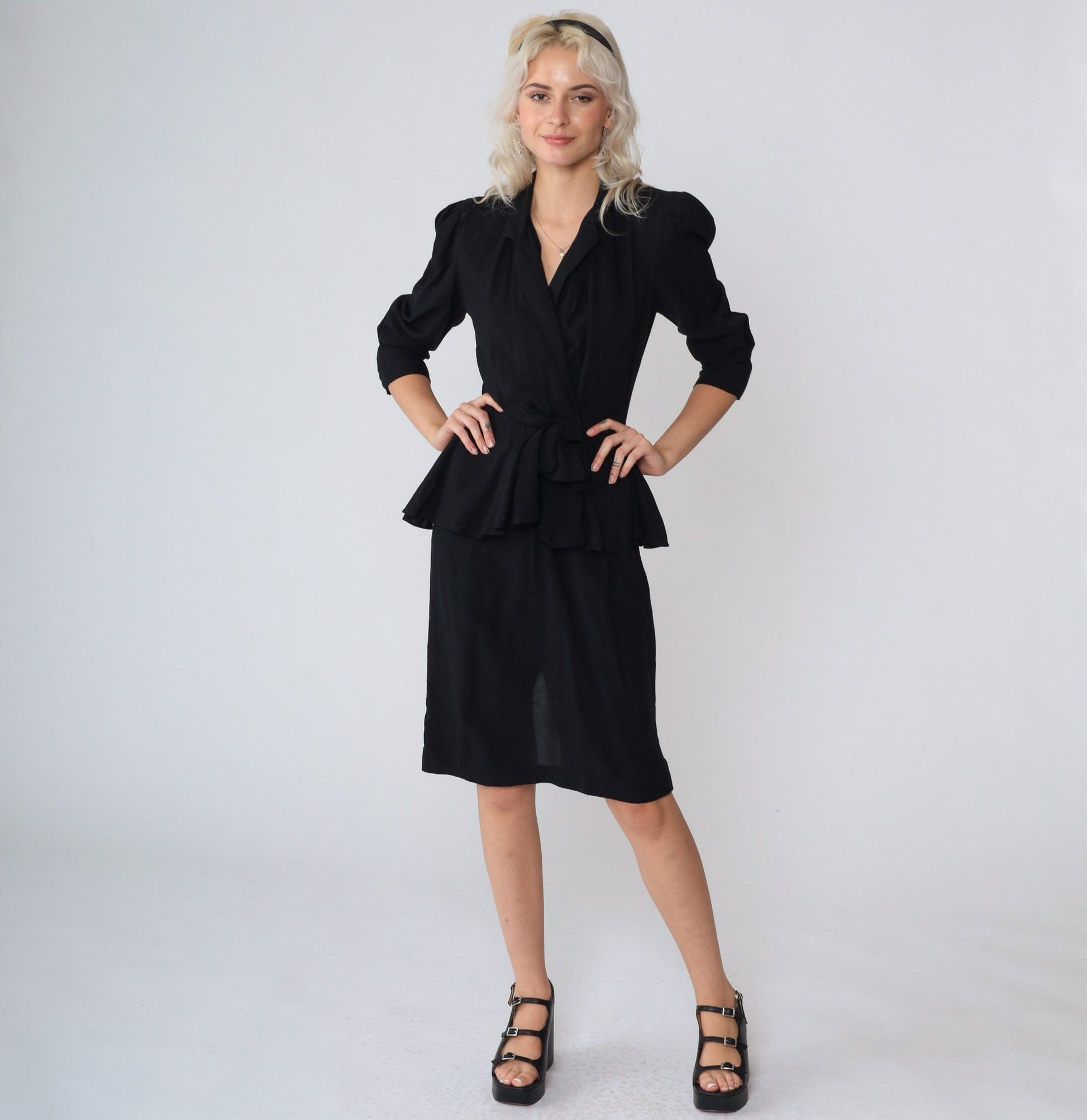 80s Jody California Black Peplum Dress V-Neck Puff Sleeve Knee Length Extra Small