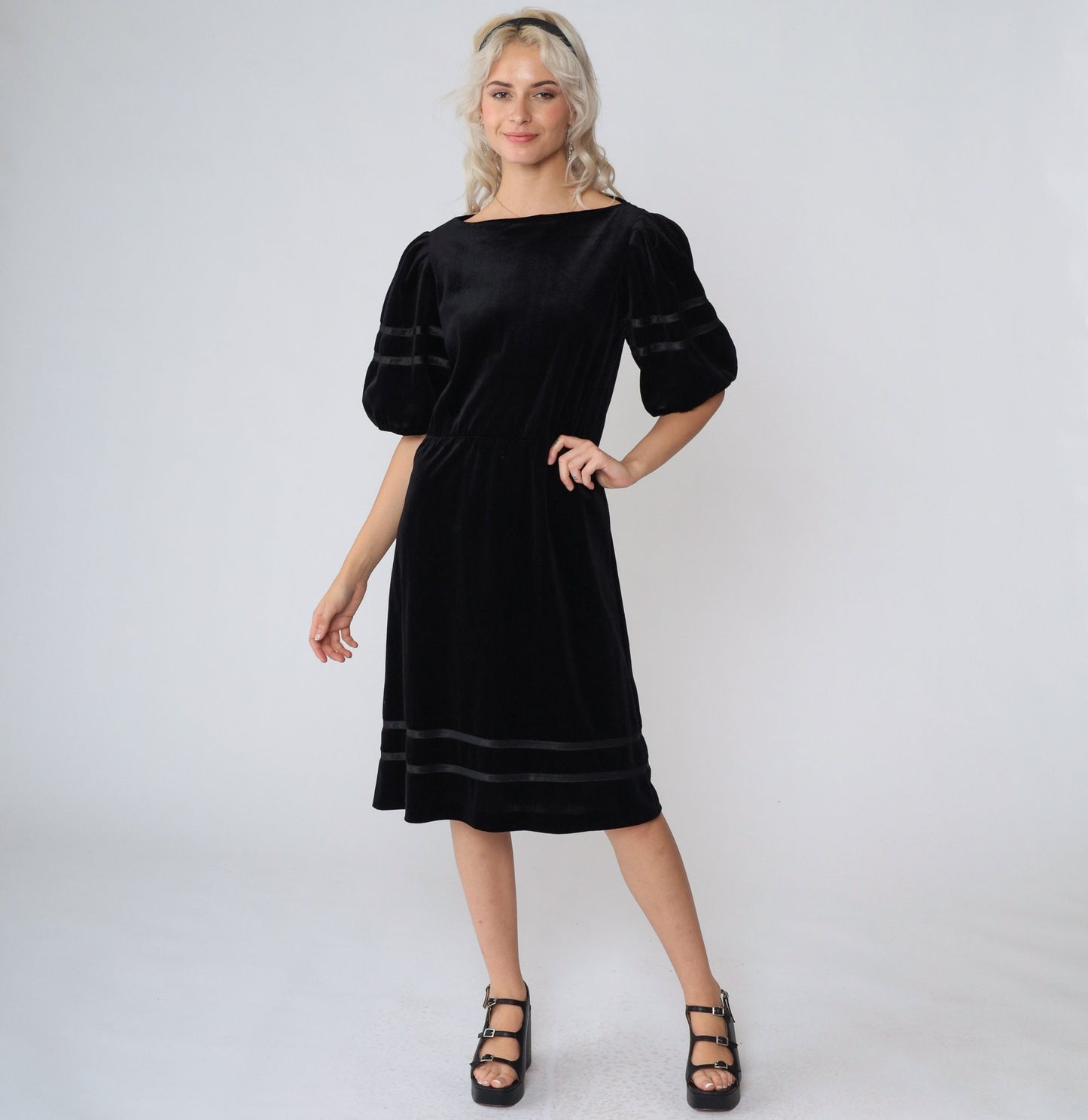 80s Black Velvet Midi Dress Puff Sleeve High Waist Ribbon Trim Small