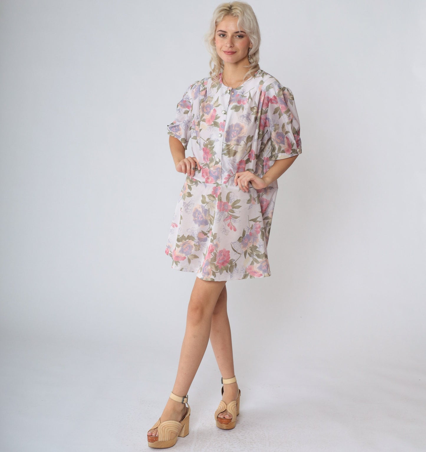 80s California Looks Floral Mini Dress Puff Sleeve High Waisted Plus Size XXL