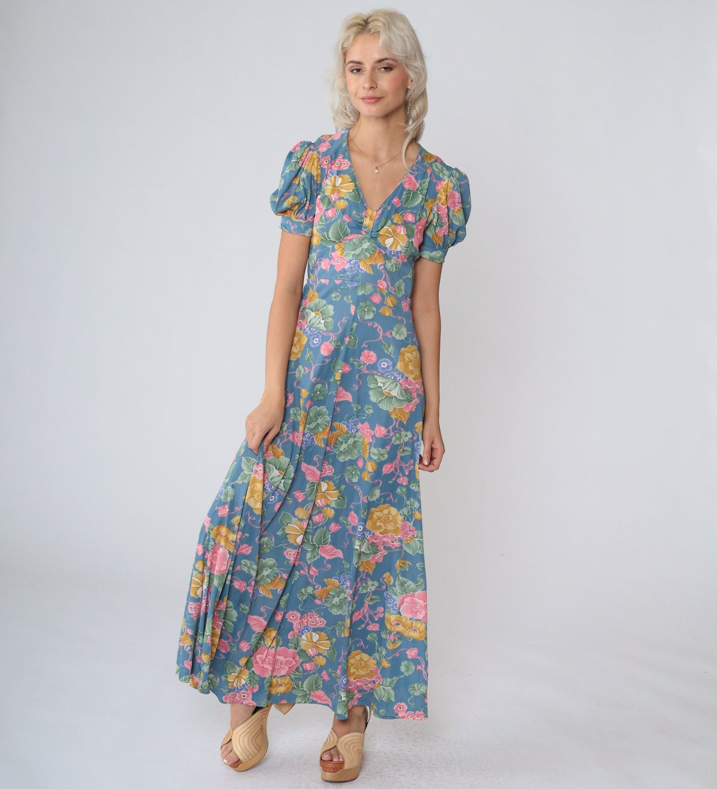 70s Blue Floral Maxi Dress Empire Waist Puff Sleeve V Neck Extra Small