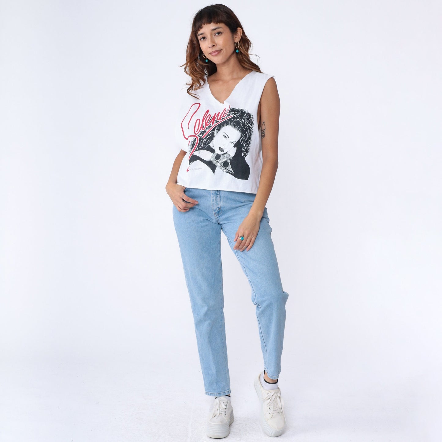 90s Selena Quintanilla Tank Top White Cutoff Crop V-Neck Small Medium