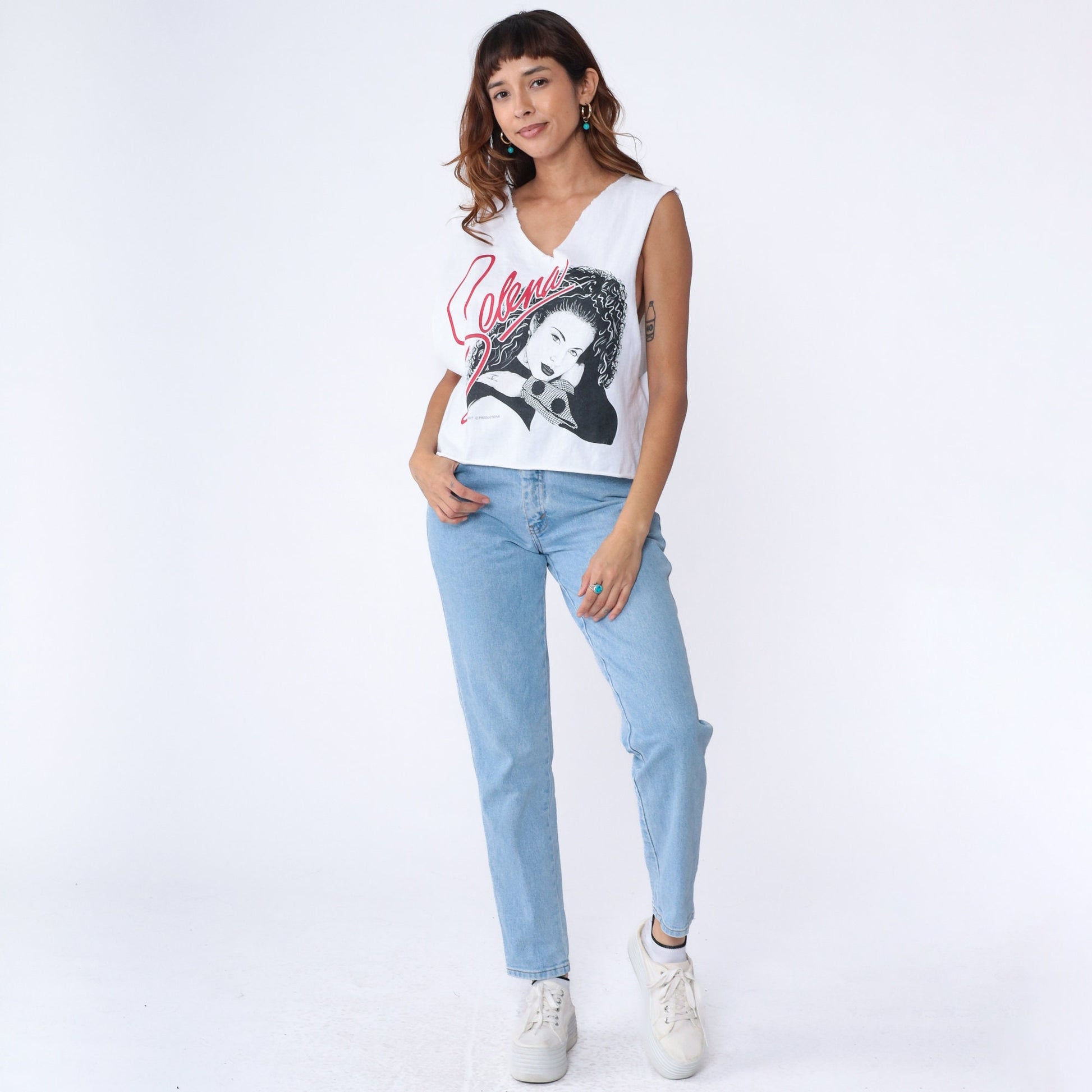 90s Selena Quintanilla Tank Top White Cutoff Crop V-Neck Small Medium