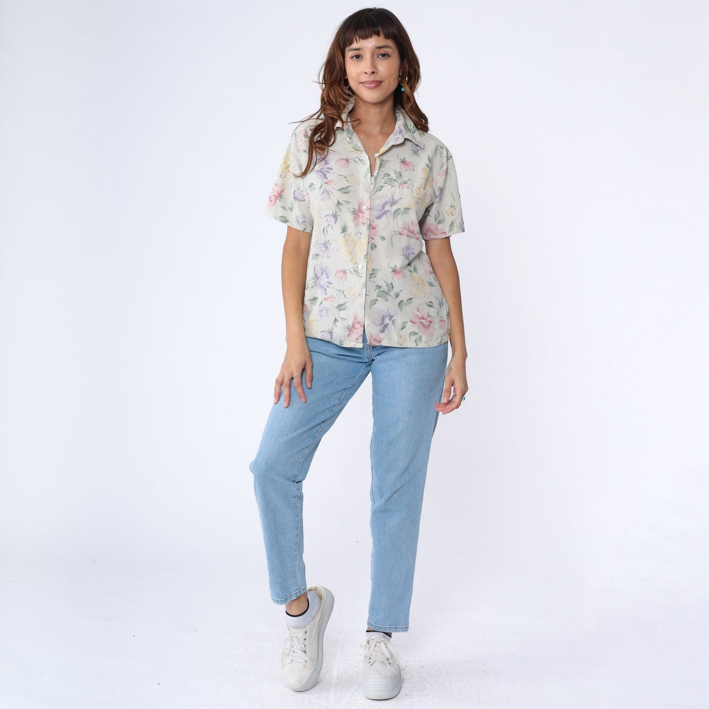 90s Selene Sport Silk Floral Button-Up Blouse Beige Short Sleeve Medium