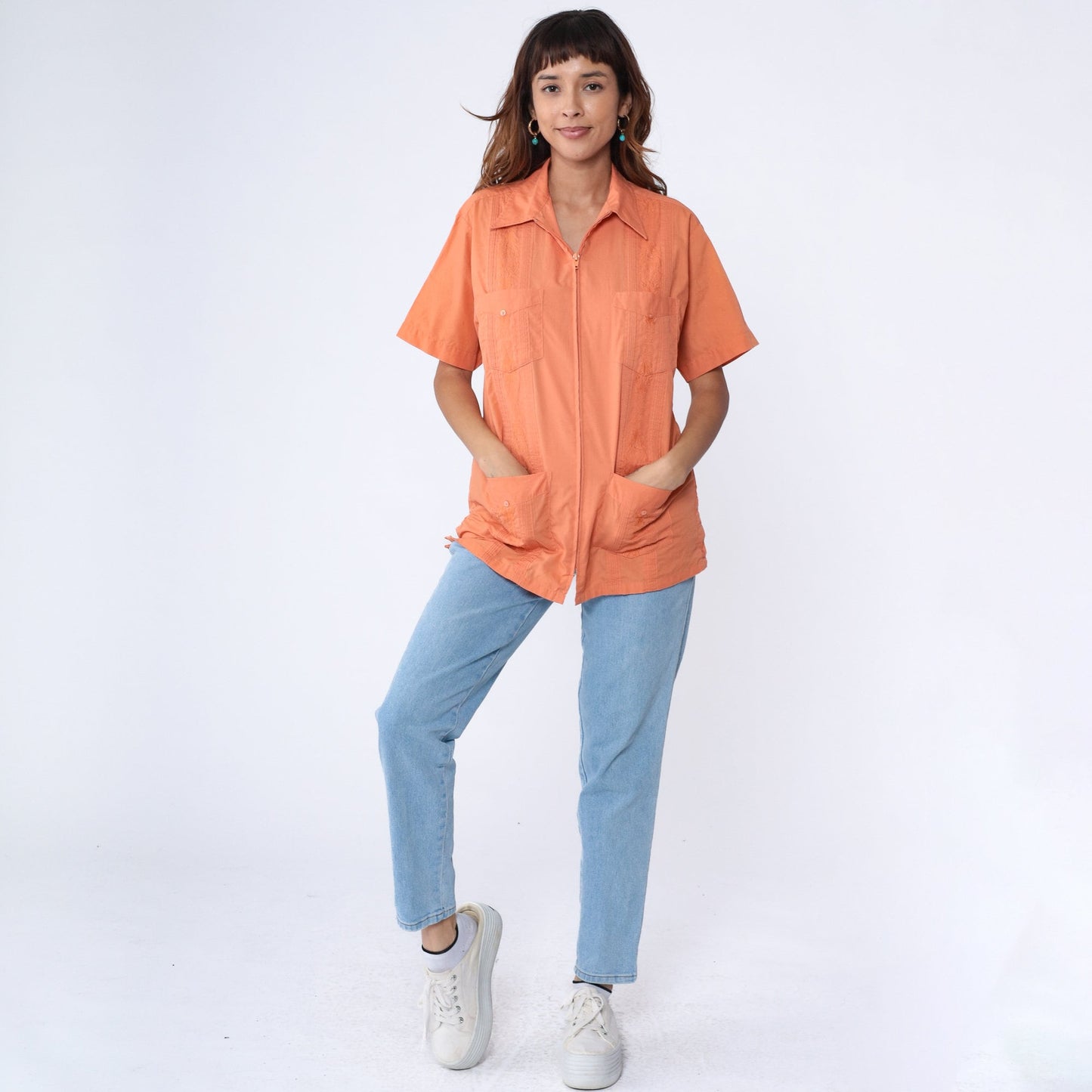 90s Orange Embroidered Cuban Zip Shirt Cotton Blend Chest Pockets Medium Large