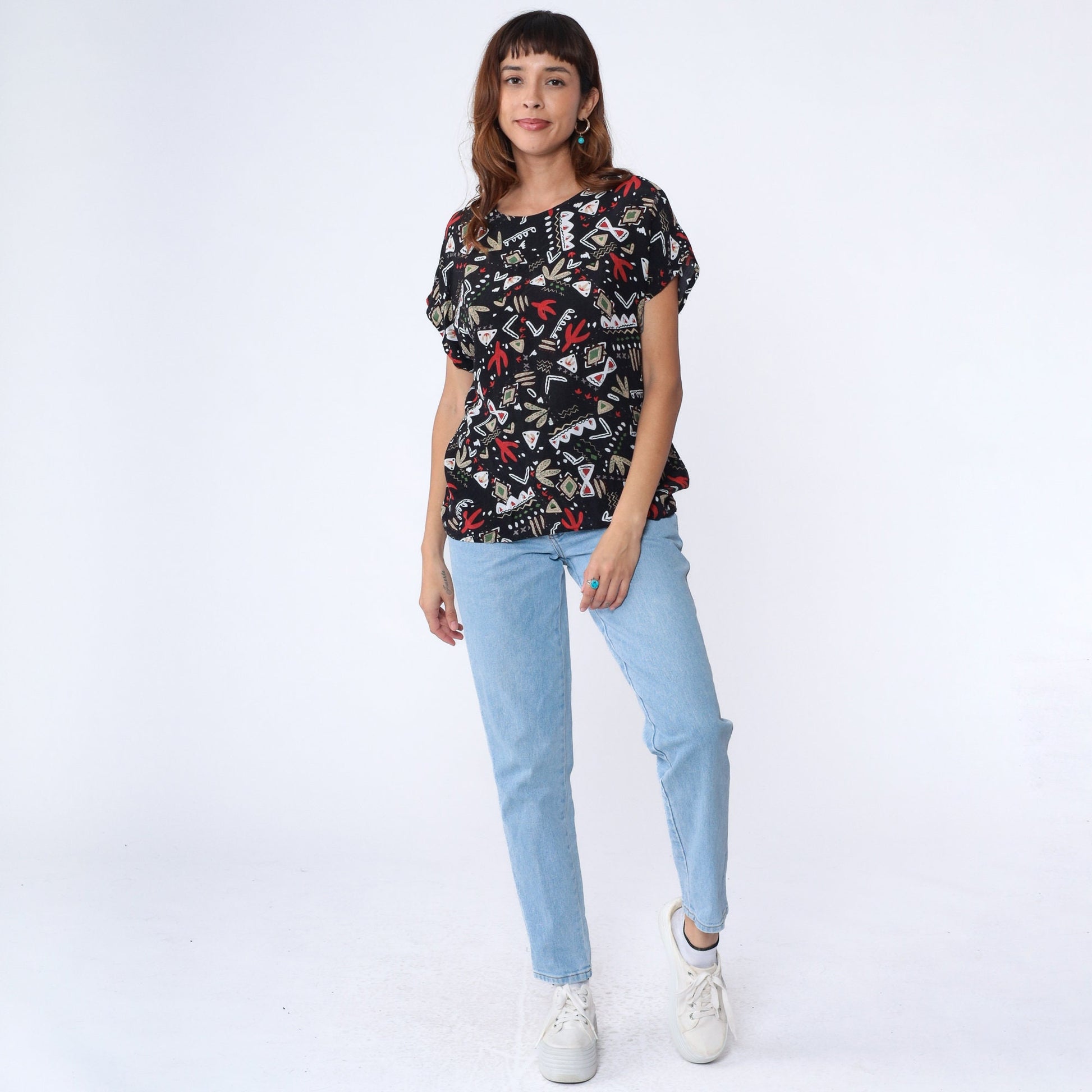 90s Black Saguaro Cactus All Over Print Shirt Southwest Geometric Large