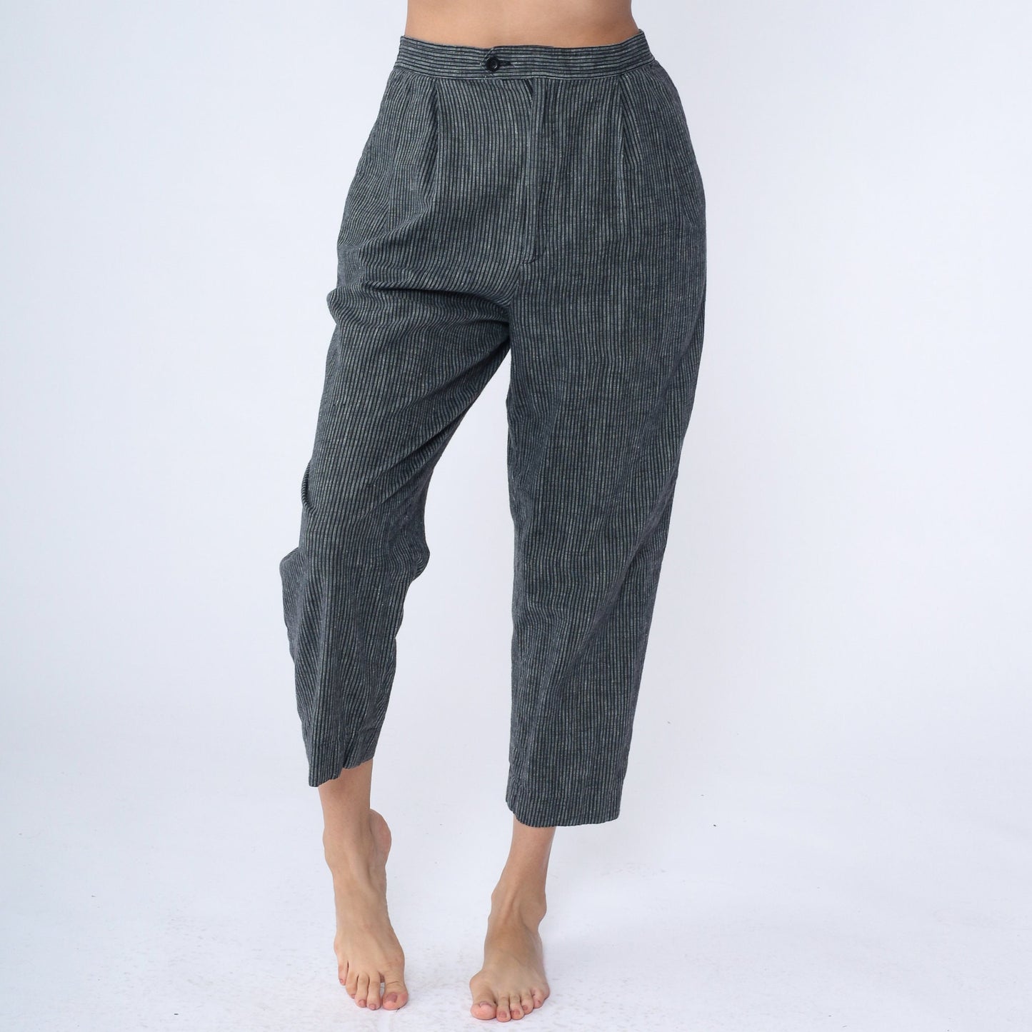 80s Grey Pinstripe High-Rise Trousers Pleated Straight Leg Medium